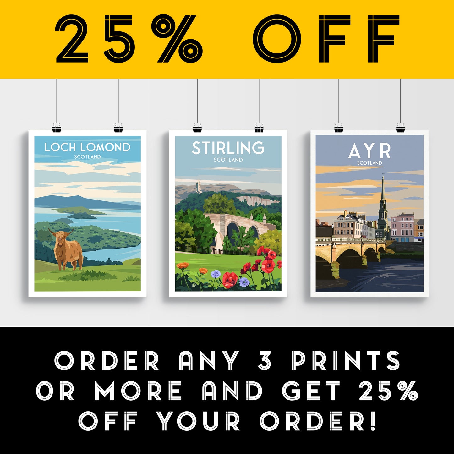 Stirling Travel Poster - Wallace Monument - Old Bridge - Scotland Print