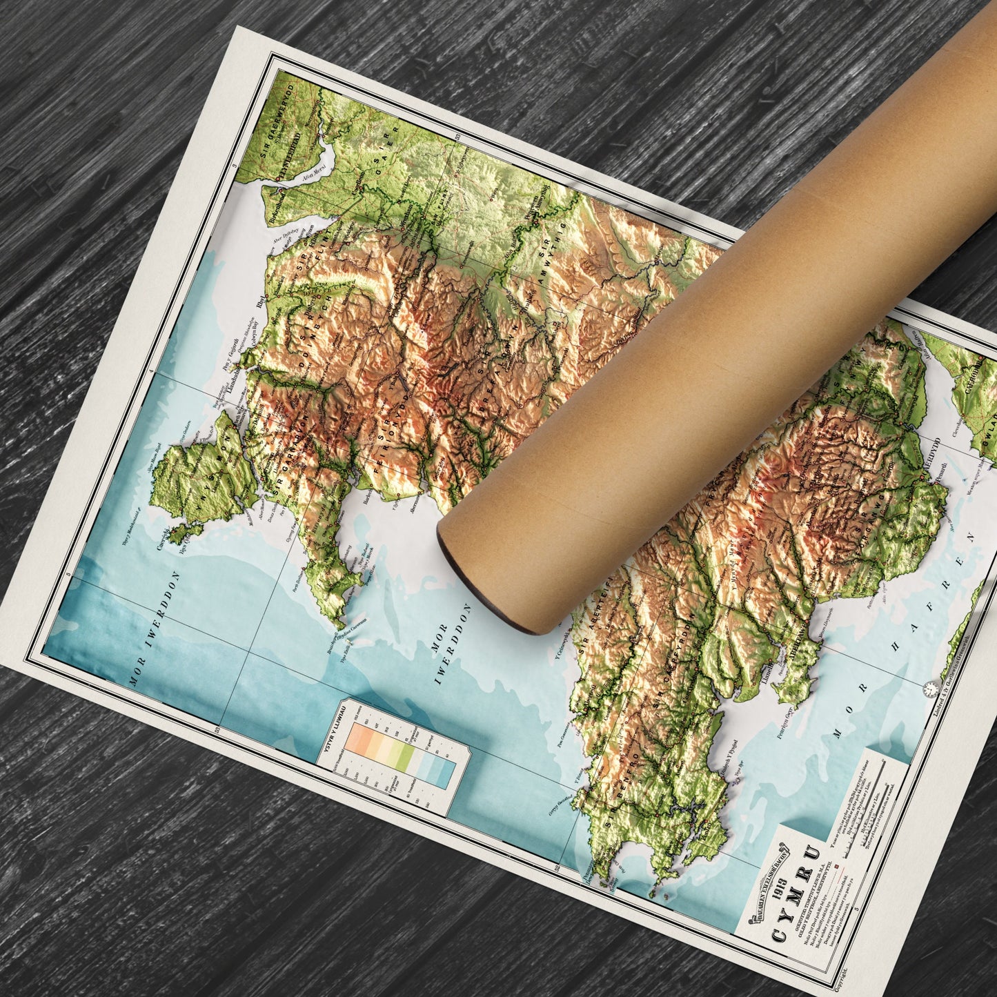 Wales Map - Cymru Elevation Map - 1913 - 2D Welsh Vintage Poster - 3D effect shaded relief Print