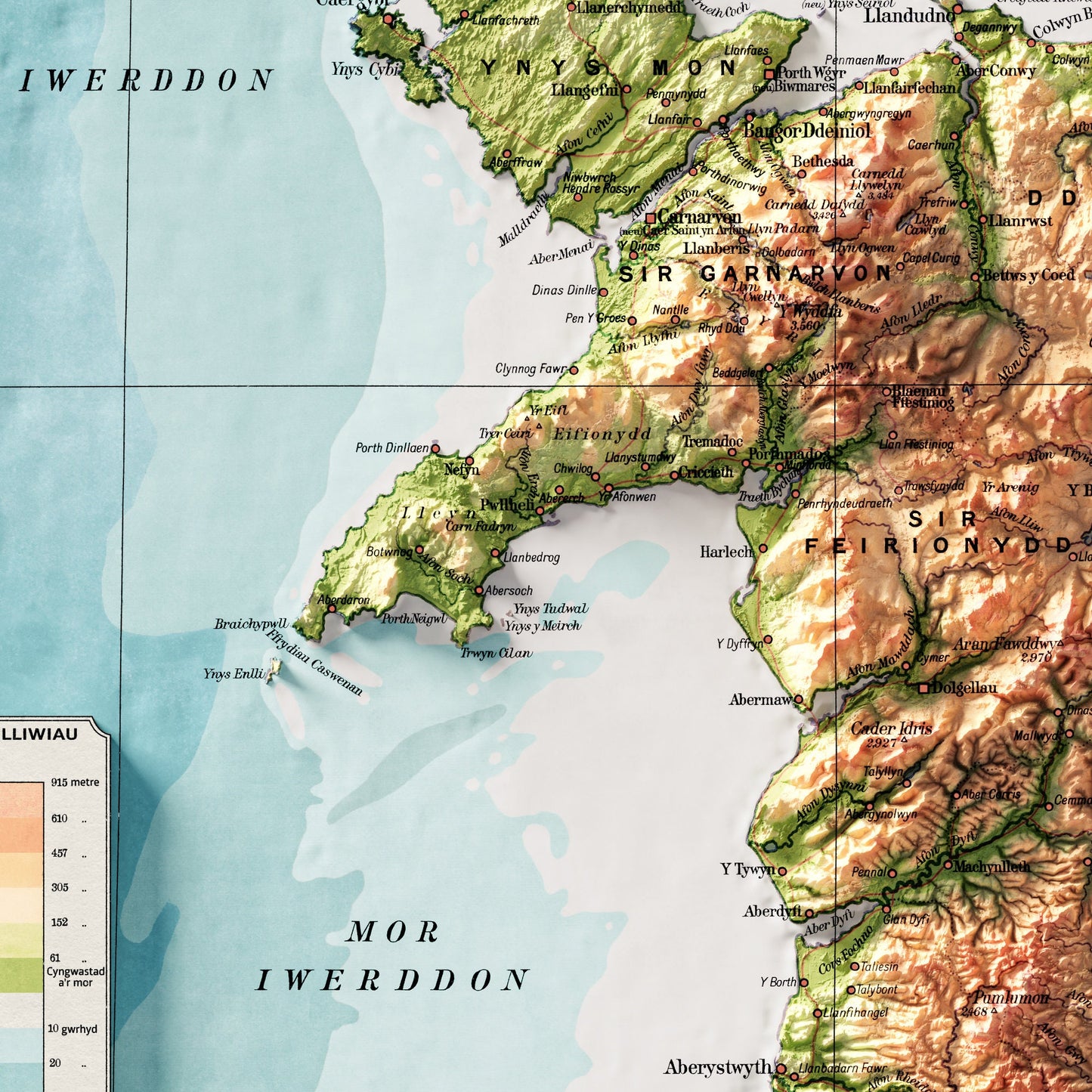 Wales Map - Cymru Elevation Map - 1913 - 2D Welsh Vintage Poster - 3D effect shaded relief Print