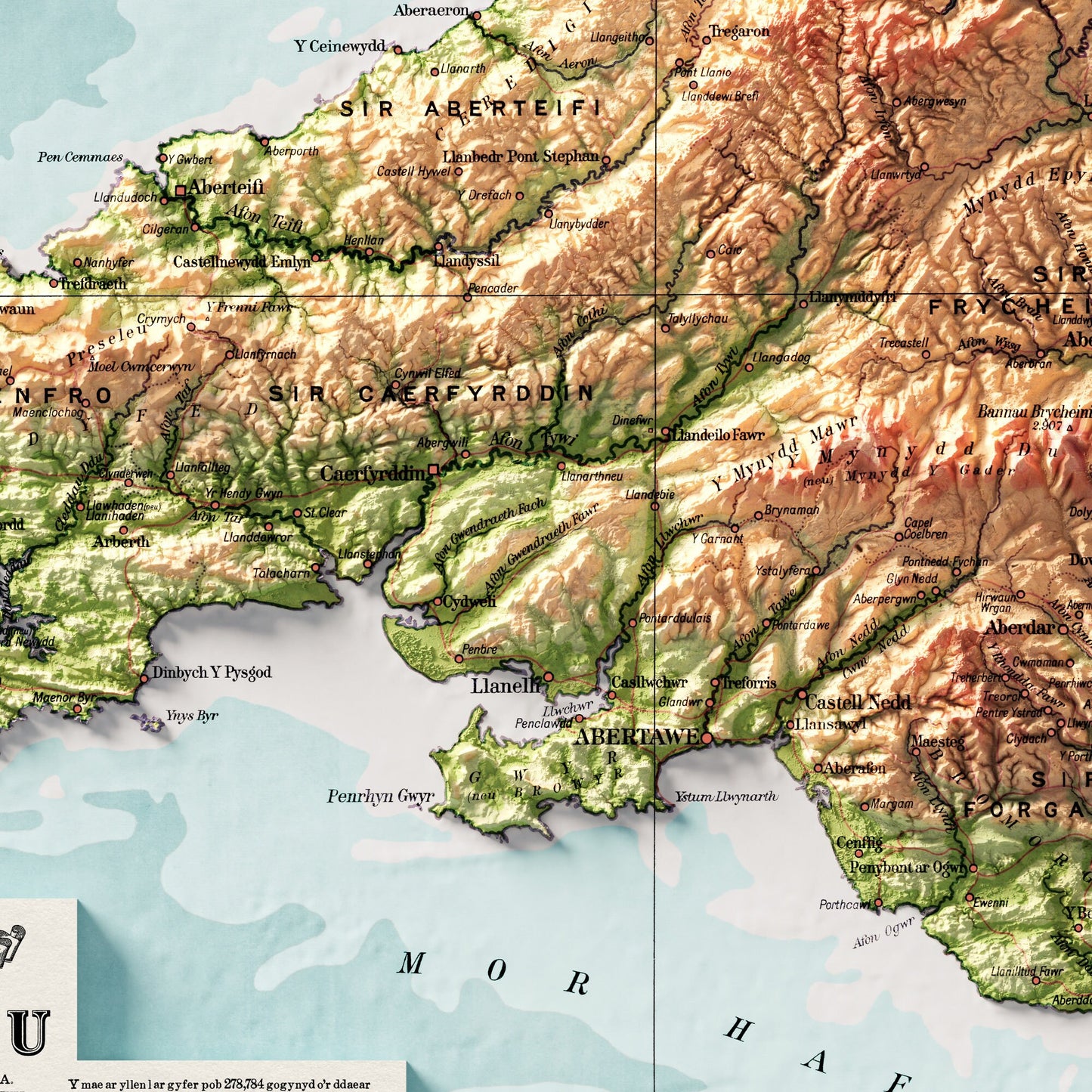 Wales Map - Cymru Elevation Map - 1913 - 2D Welsh Vintage Poster - 3D effect shaded relief Print