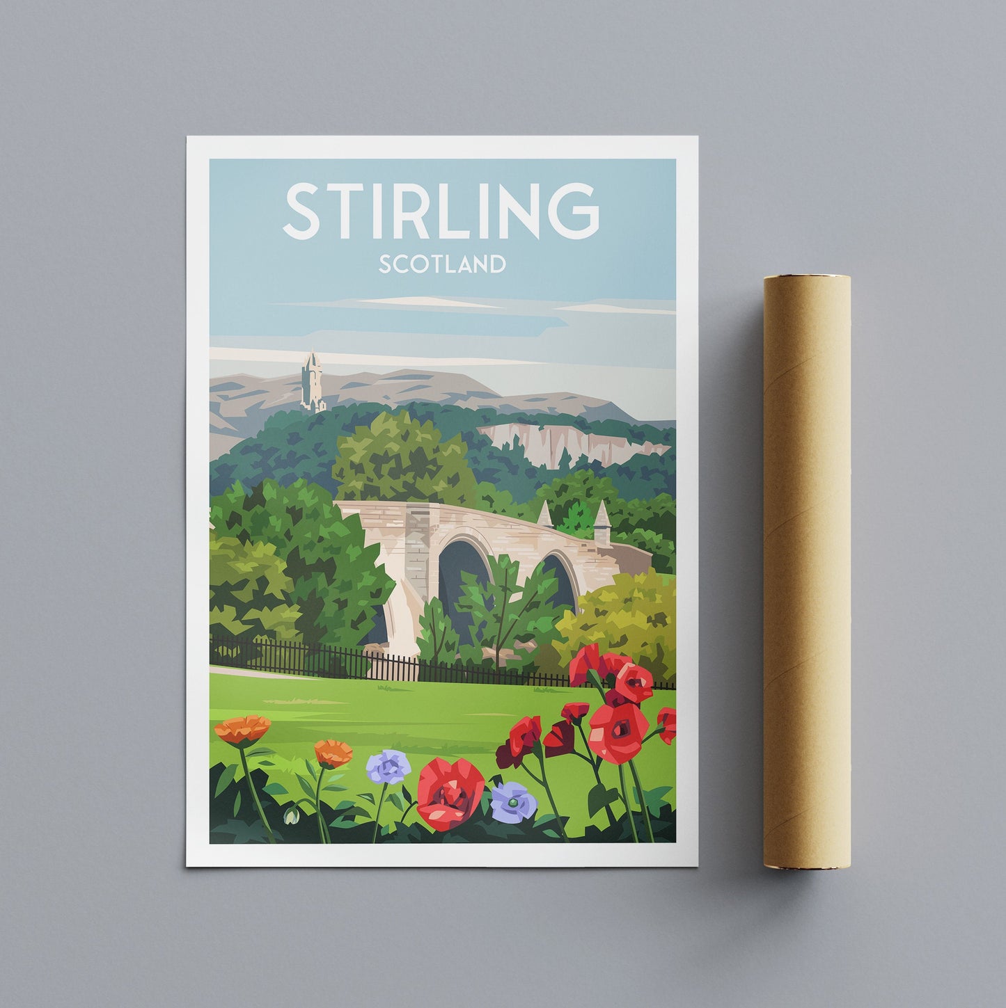Stirling Travel Poster - Wallace Monument - Old Bridge - Scotland Print