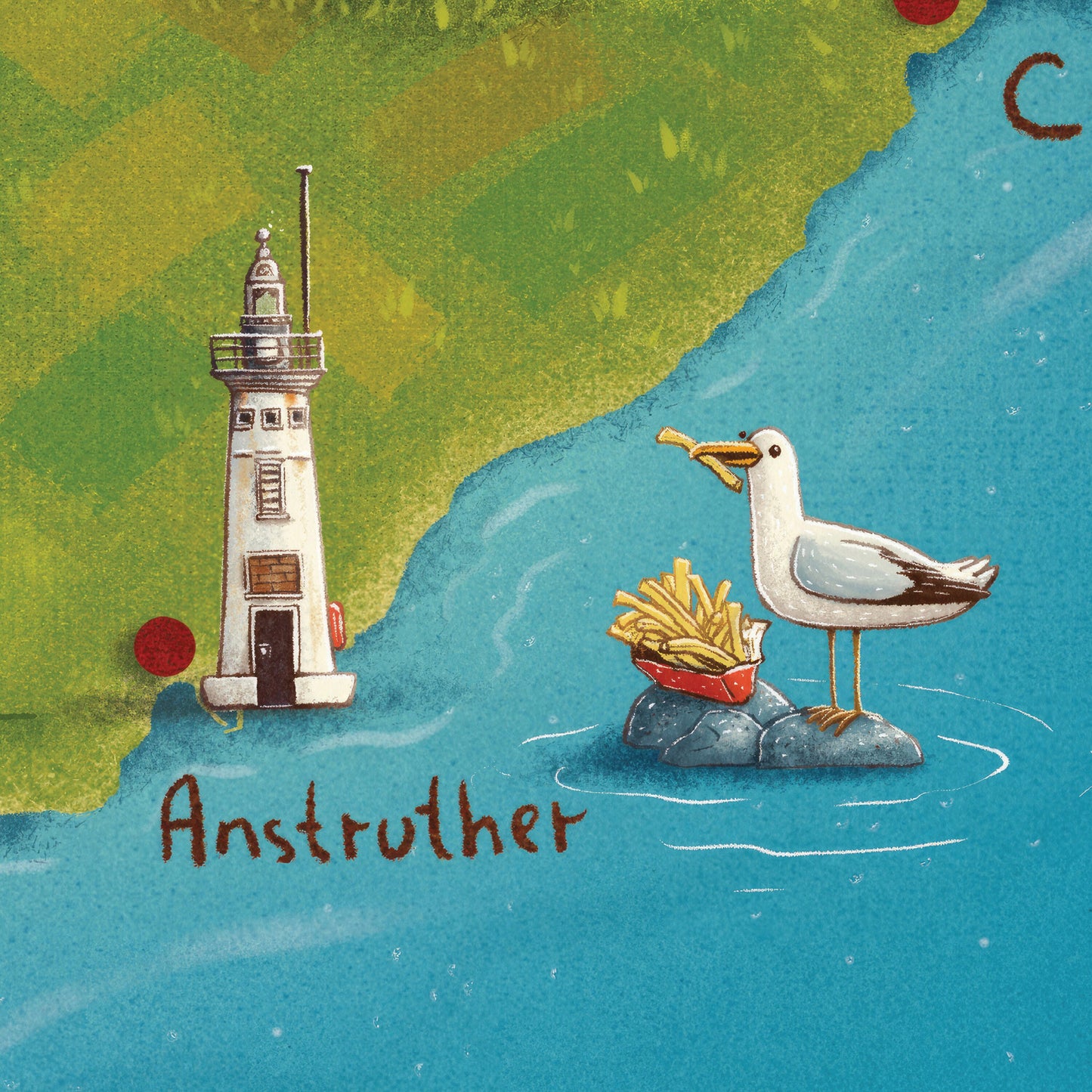 New East Neuk of Fife Illustrated Map | Elie | Pittenweem | Anstruther | Crail | St Andrews | Isle of May | Whimsical Print