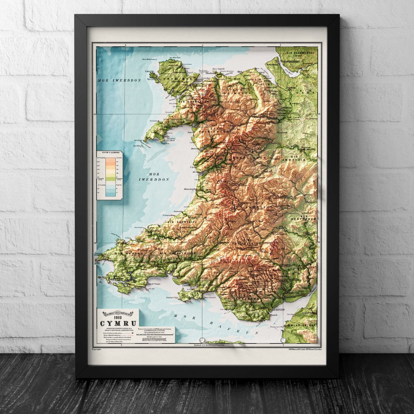 Wales Map - Cymru Elevation Map - 1913 - 2D Welsh Vintage Poster - 3D effect shaded relief Print