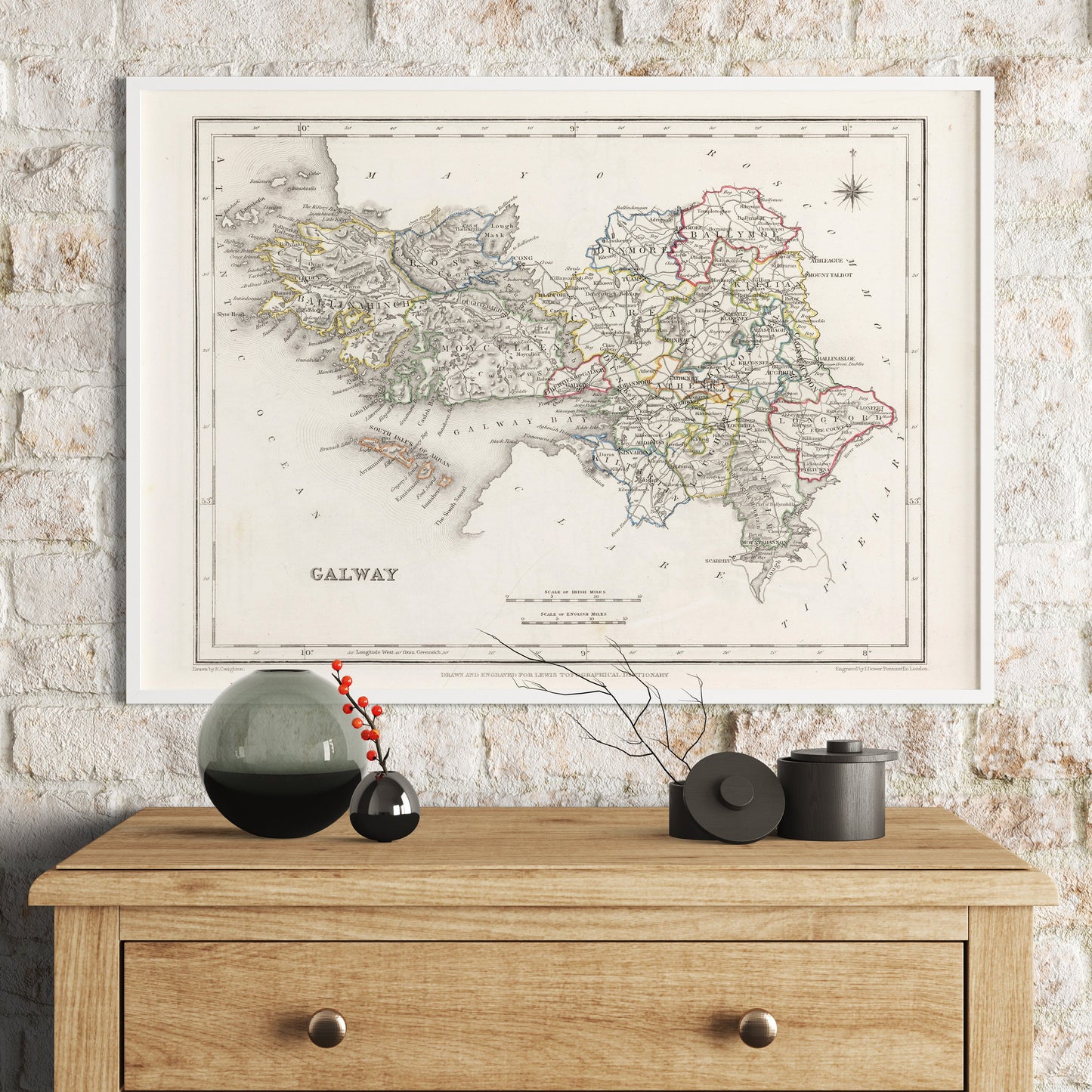 Galway County Map, Old Vintage Irish Print - Ballinahinch - Dunmore - Moycullen - Clare - Kiltartan- Longford - Athenry - Tuam