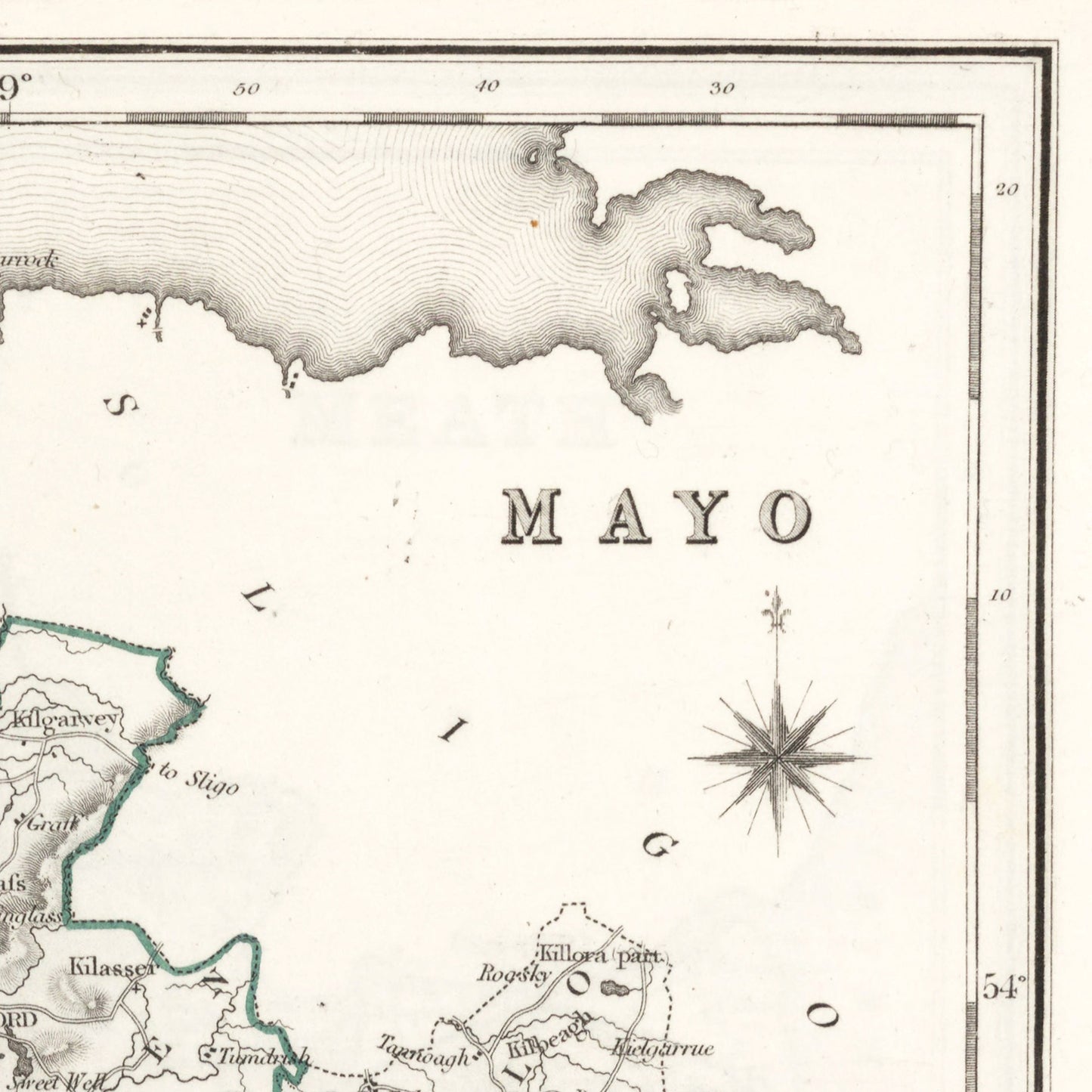 County Mayo Map - Ireland 1846 - Hollymount - Ballinrobe - Murrisk - Achill island - Clare Island - Ballina - Castlebar