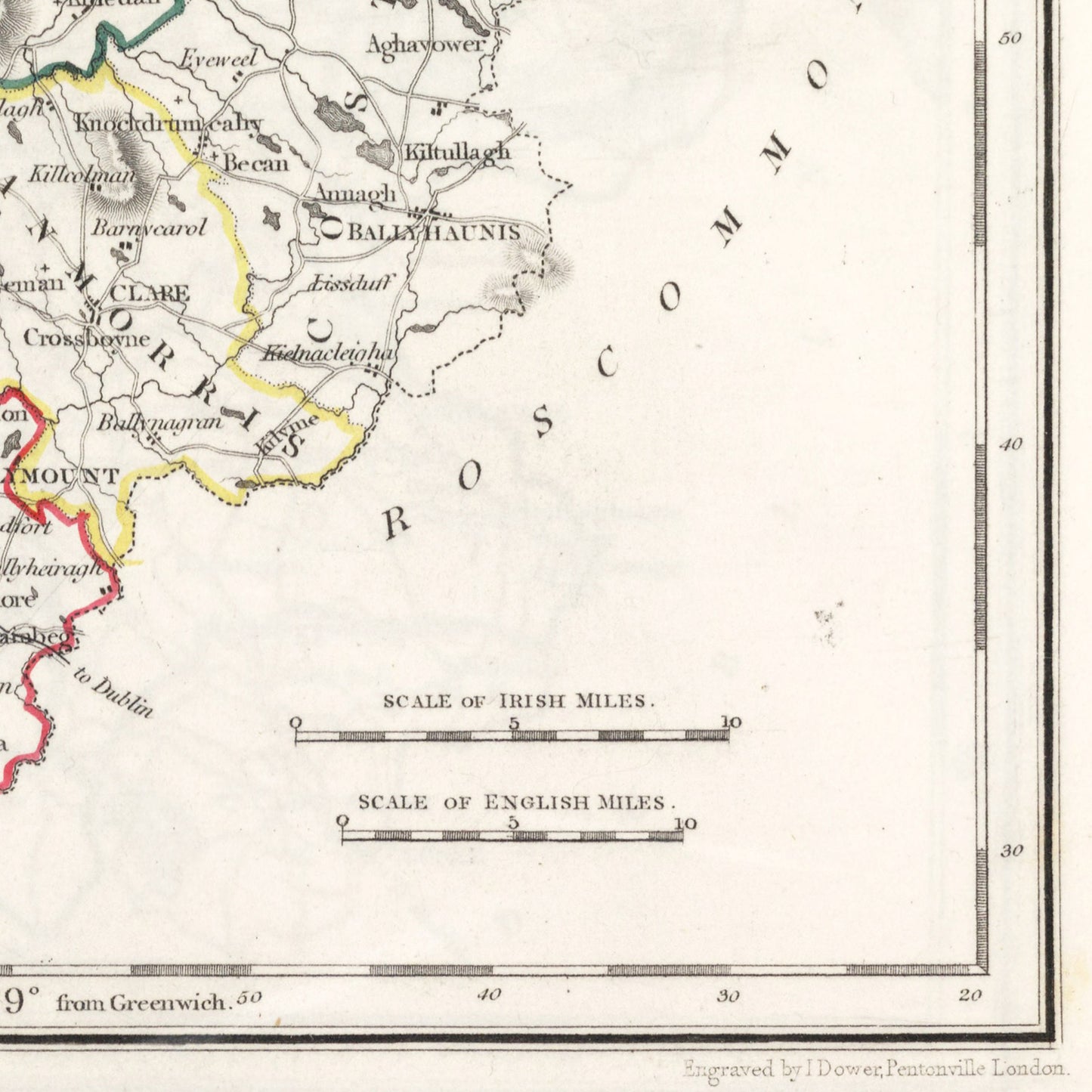 County Mayo Map - Ireland 1846 - Hollymount - Ballinrobe - Murrisk - Achill island - Clare Island - Ballina - Castlebar