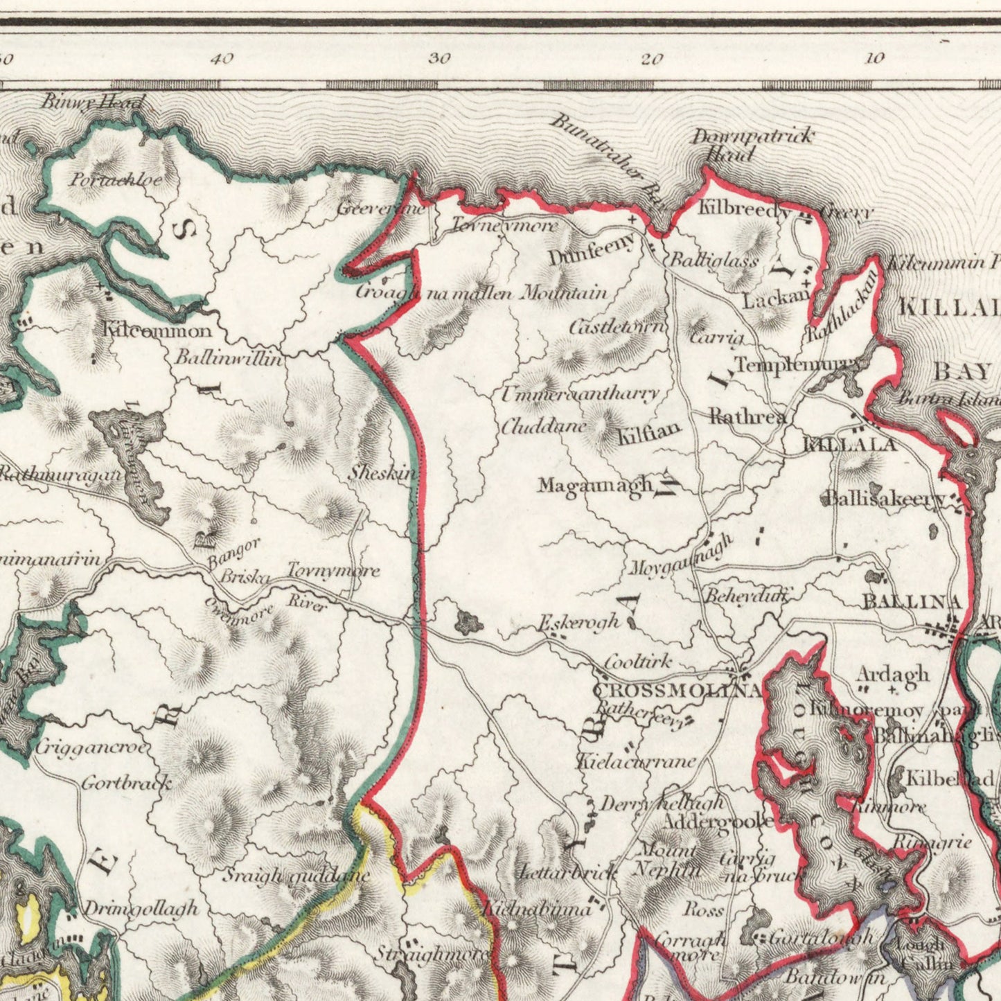 County Mayo Map - Ireland 1846 - Hollymount - Ballinrobe - Murrisk - Achill island - Clare Island - Ballina - Castlebar