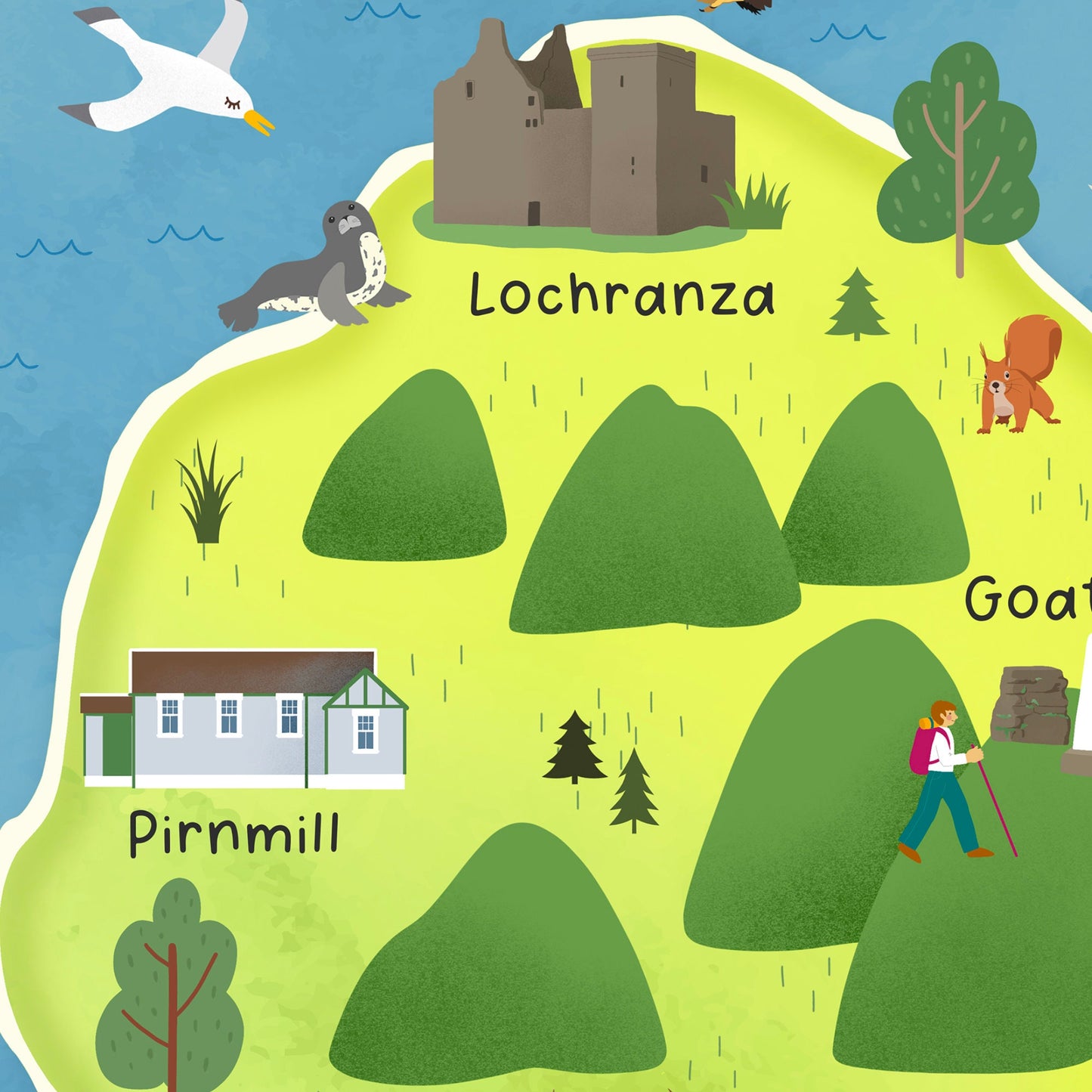Isle of Arran Map | Pictorial Poster | Ayrshire | Lochranza | Brodick | Goatfell | Blackwaterfoot | Castles | Wildlife
