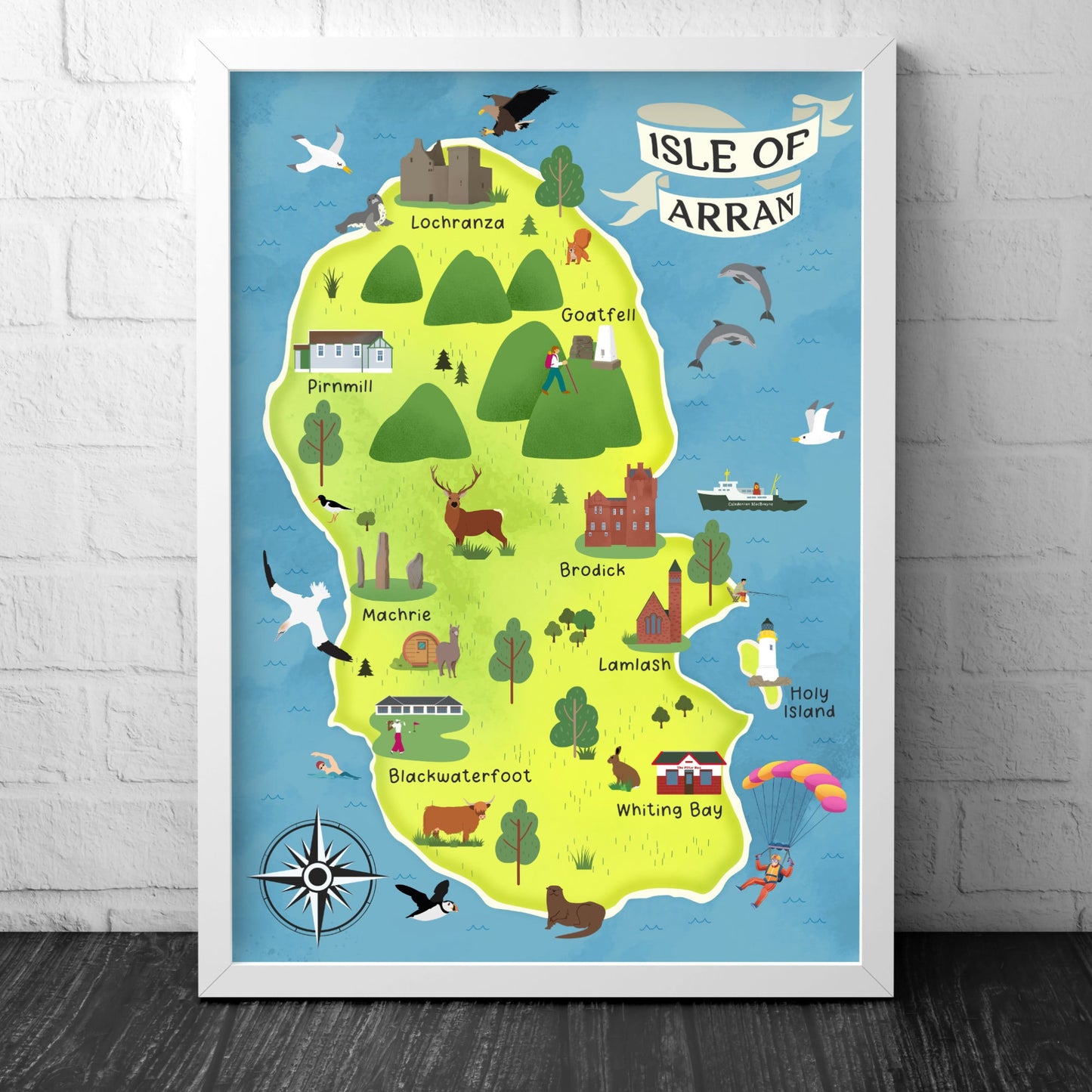 Isle of Arran Map | Pictorial Poster | Ayrshire | Lochranza | Brodick | Goatfell | Blackwaterfoot | Castles | Wildlife