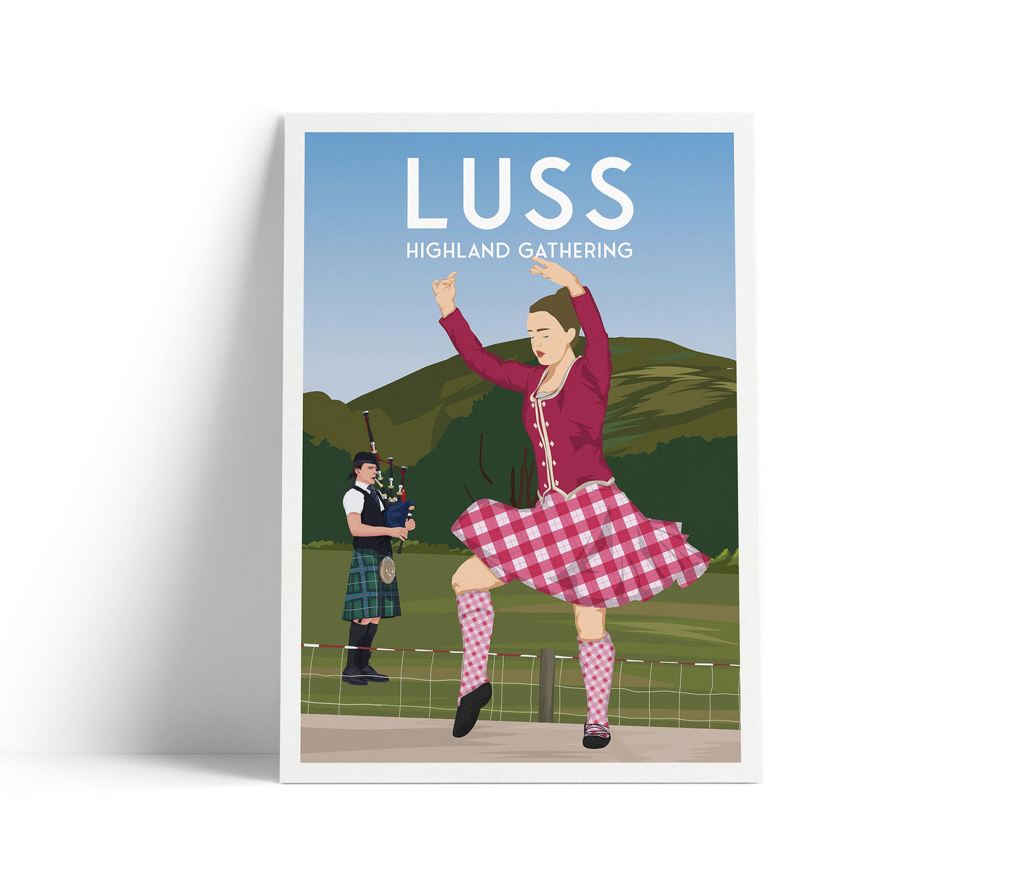 Luss Highland Gathering Print - Scottish Travel Poster - Bagpiper - Dancer - Highland Games - Argyll and Bute