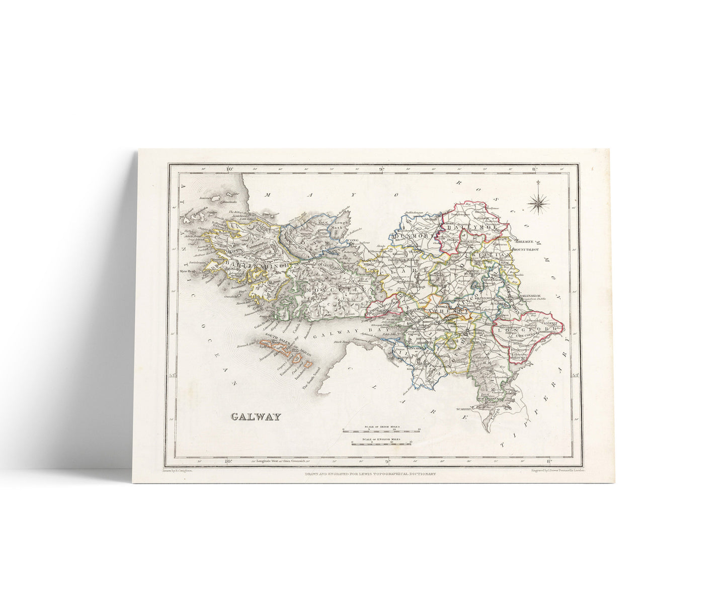 Galway County Map, Old Vintage Irish Print - Ballinahinch - Dunmore - Moycullen - Clare - Kiltartan- Longford - Athenry - Tuam