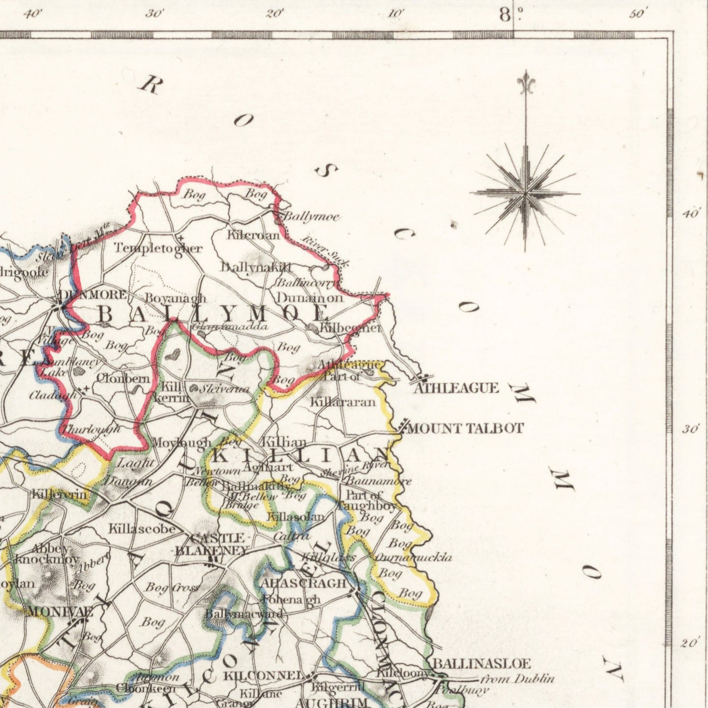Galway County Map, Old Vintage Irish Print - Ballinahinch - Dunmore - Moycullen - Clare - Kiltartan- Longford - Athenry - Tuam