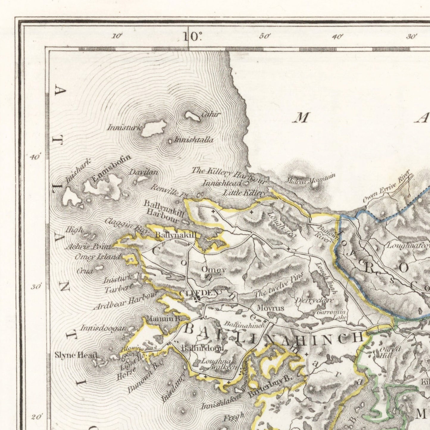 Galway County Map, Old Vintage Irish Print - Ballinahinch - Dunmore - Moycullen - Clare - Kiltartan- Longford - Athenry - Tuam