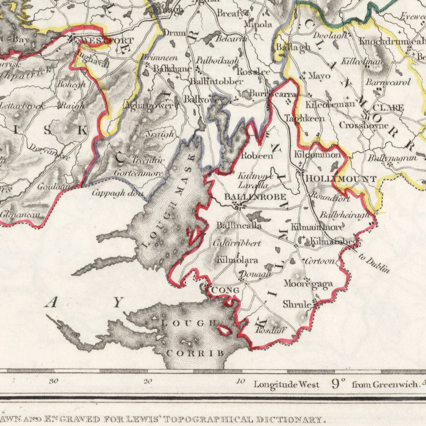County Mayo Map - Ireland 1846 - Hollymount - Ballinrobe - Murrisk - Achill island - Clare Island - Ballina - Castlebar