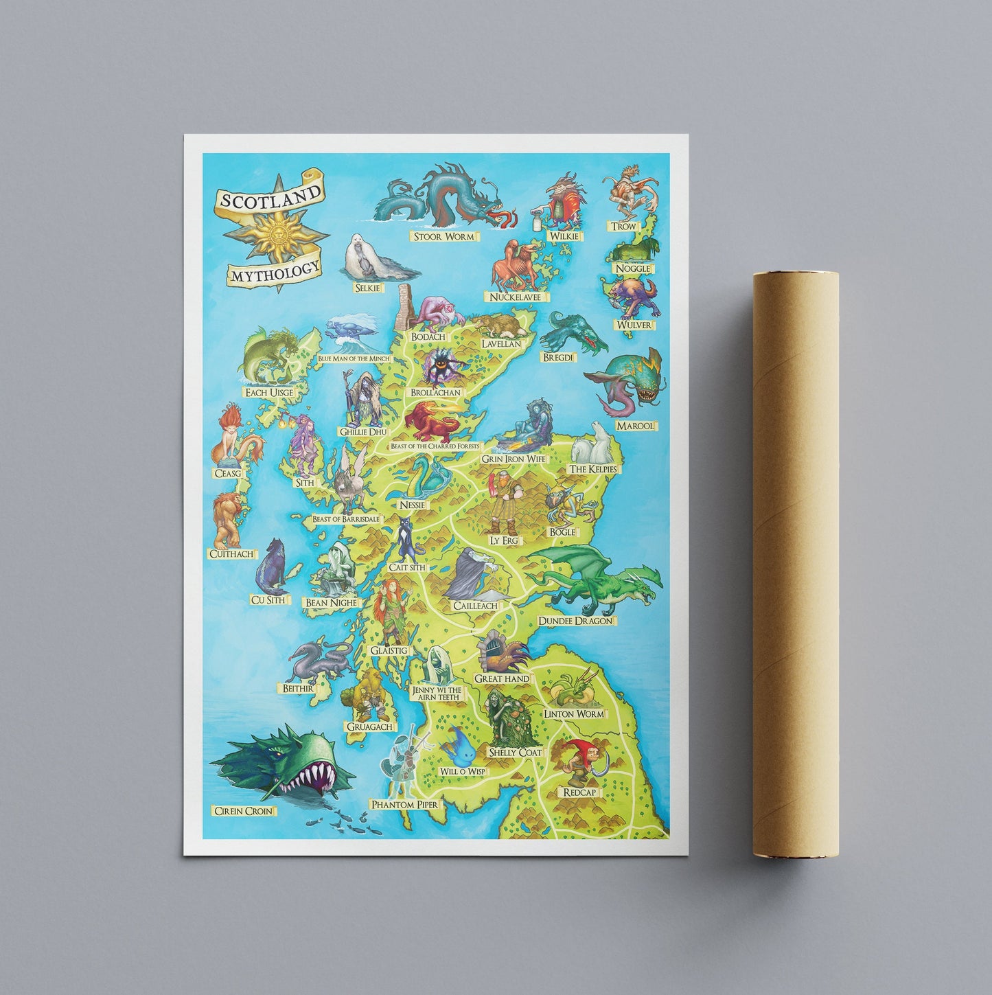 Illustrated Map of Scottish Mythology - Featuring Mythical Beasts and Legends - Scotland Folklore - Cryptozoology - Cryptids