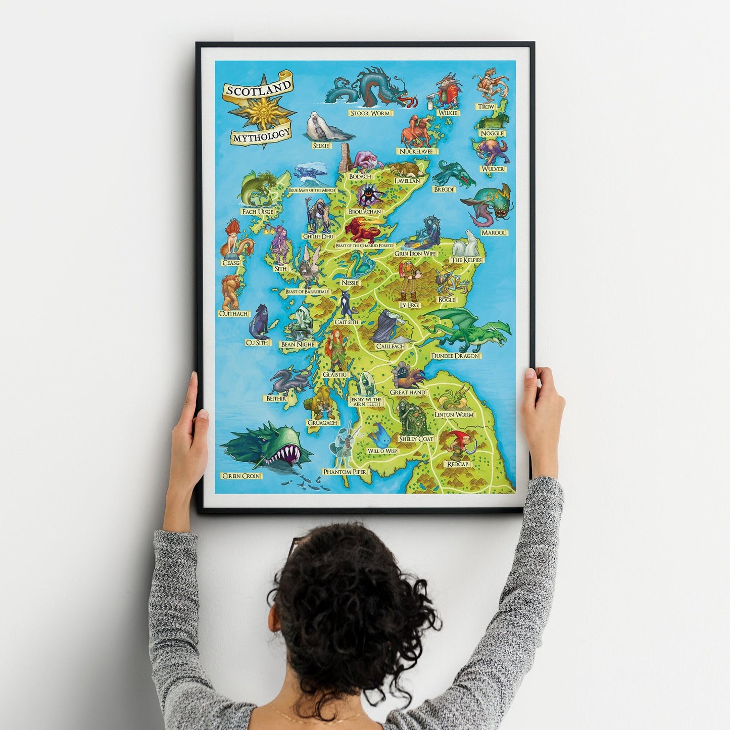Illustrated Map of Scottish Mythology - Featuring Mythical Beasts and Legends - Scotland Folklore - Cryptozoology - Cryptids