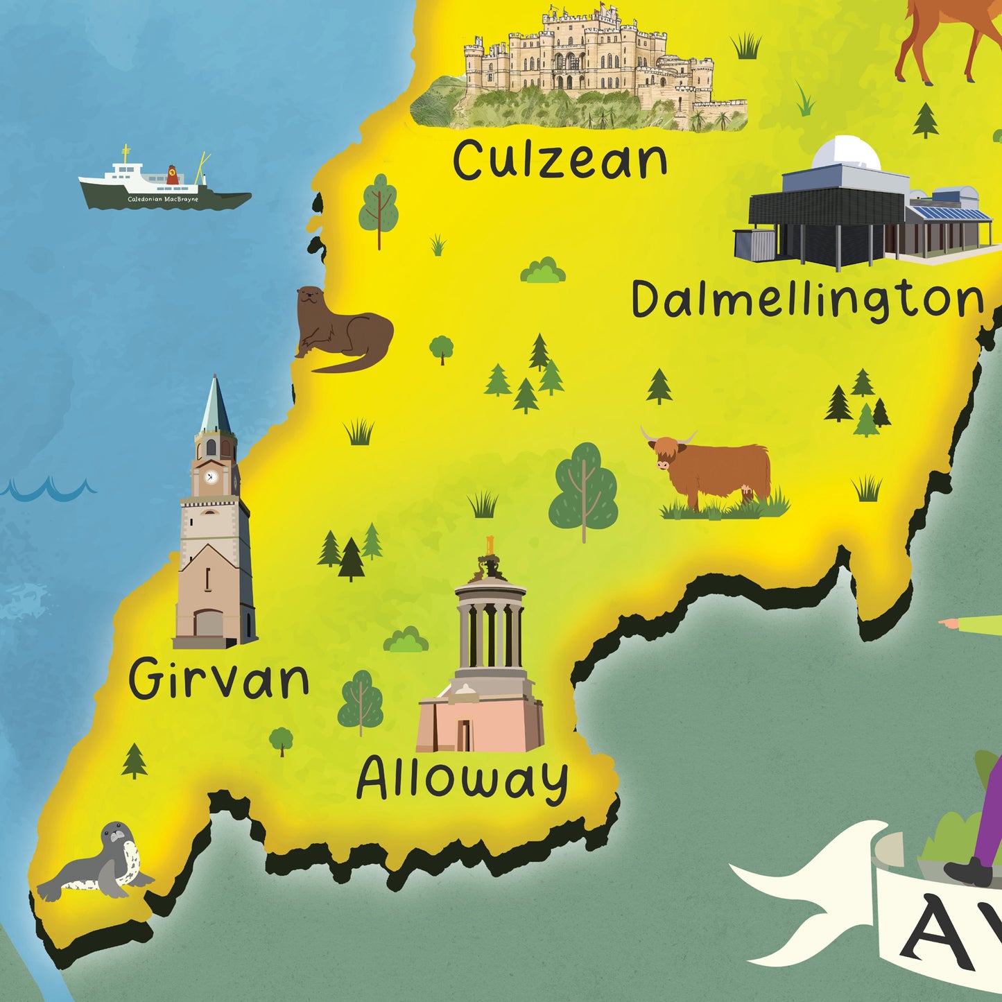 Ayrshire Map | Pictorial Poster | Ayr | Saltcoats | Prestwick | Girvan | Largs | Beith | Kilmarnock | Calmellington | Alloway | Cumnock