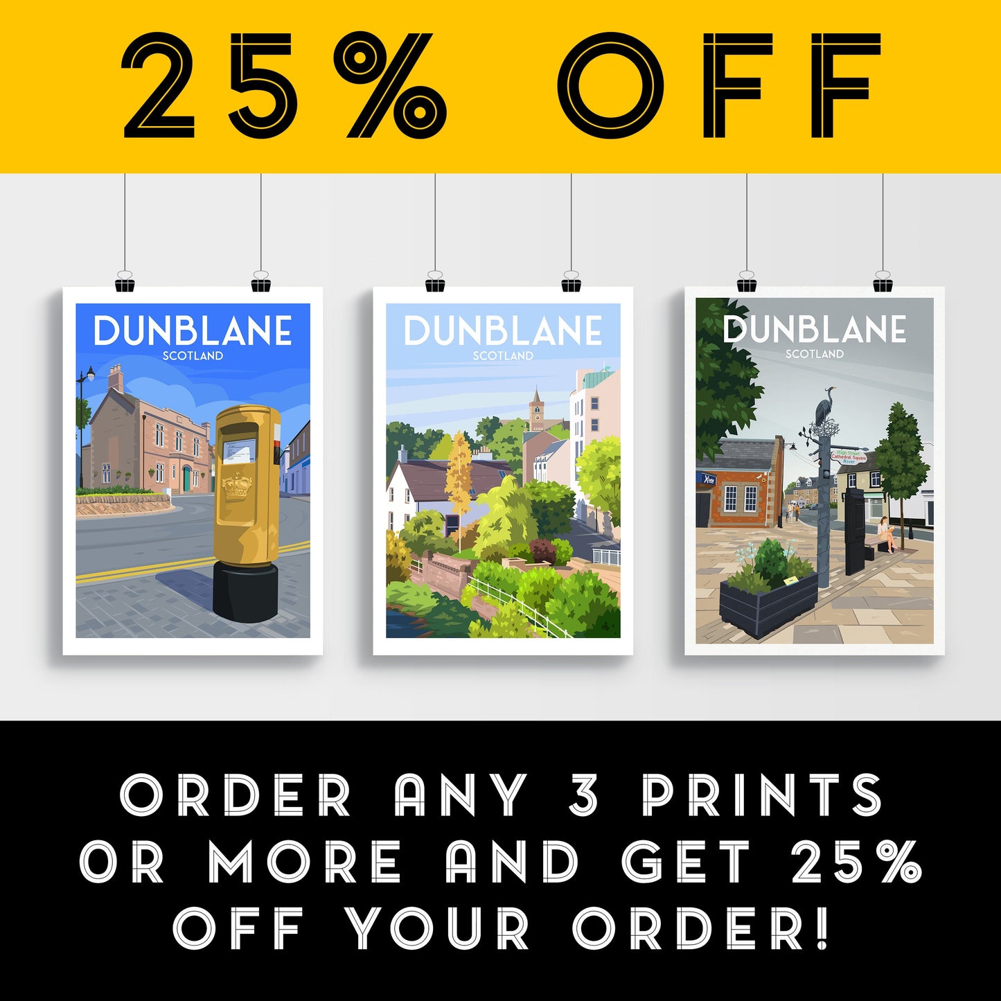 Dunblane Travel Poster - Stirlingshire - Scotland - High street - Heron