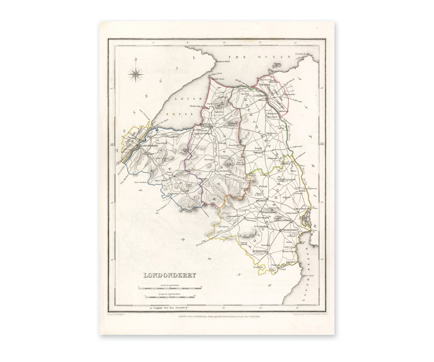 Londonderry Map - Old Antique Reproduction Print of Derry - 1846 - Northern Ireland