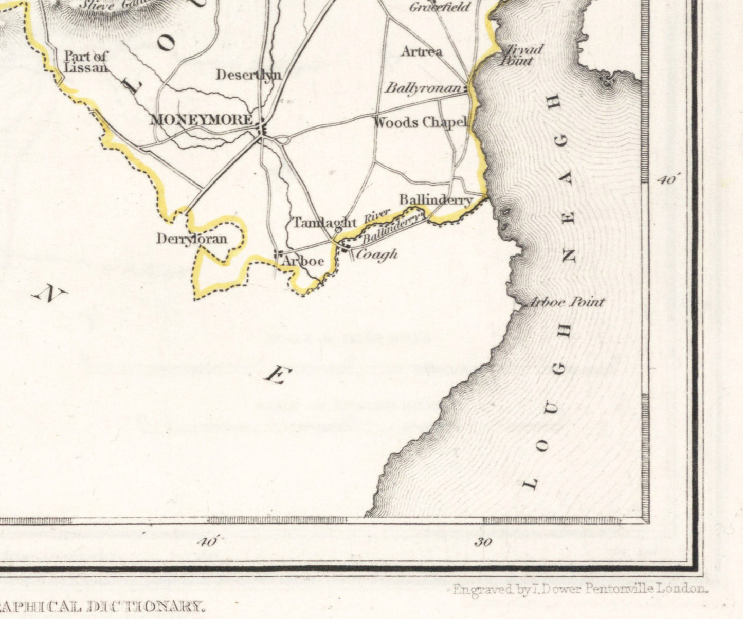 Londonderry Map - Old Antique Reproduction Print of Derry - 1846 - Northern Ireland