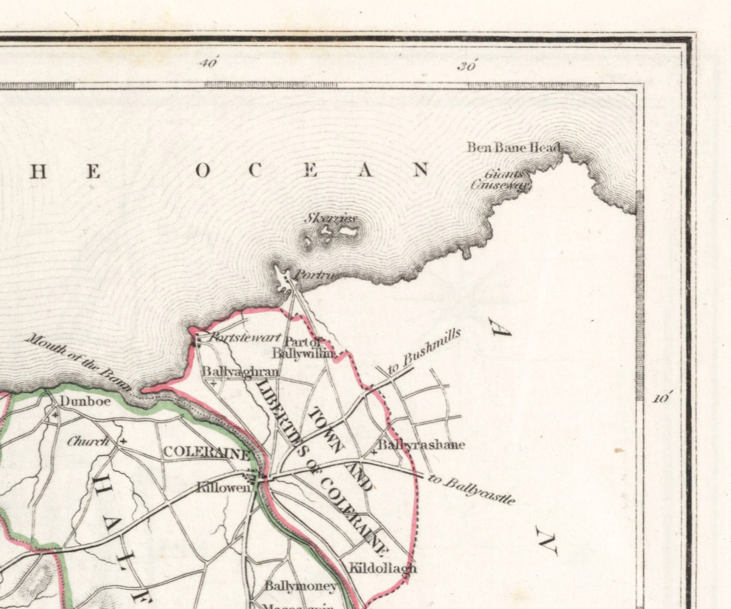 Londonderry Map - Old Antique Reproduction Print of Derry - 1846 - Northern Ireland