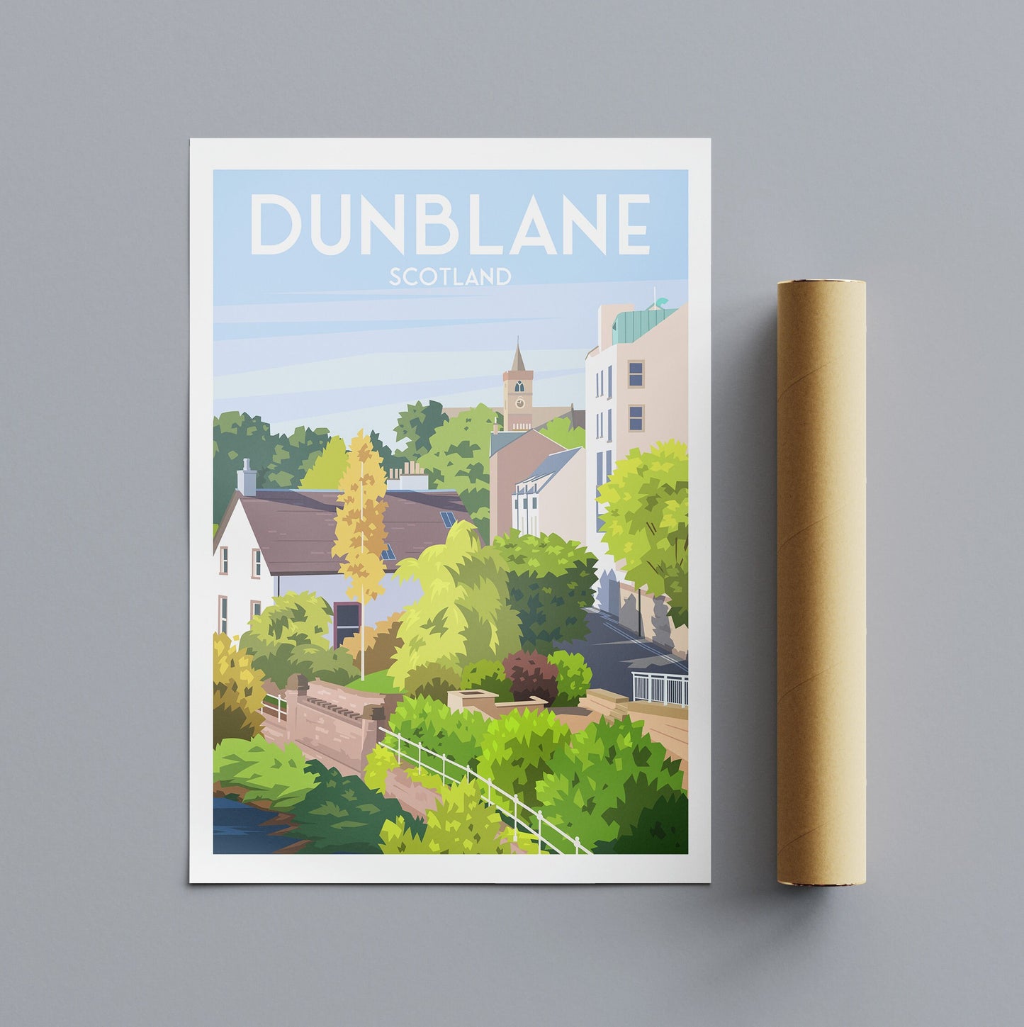 Dunblane Travel Poster - Stirlingshire - Scotland - High street - Heron