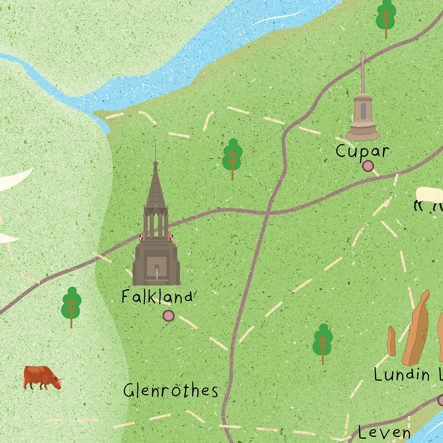 Fife Map | Pictorial Poster | Elie | Culross | Cupar | Falkland | St Andrews | Glenrothes | Crail | Leven | Kirkcaldy | Rosyth | Aberdour
