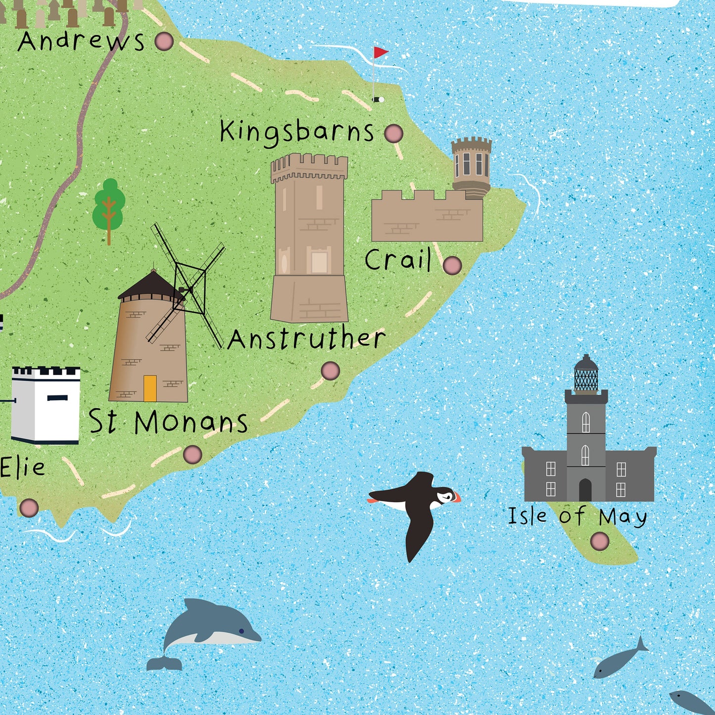 Fife Map | Pictorial Poster | Elie | Culross | Cupar | Falkland | St Andrews | Glenrothes | Crail | Leven | Kirkcaldy | Rosyth | Aberdour