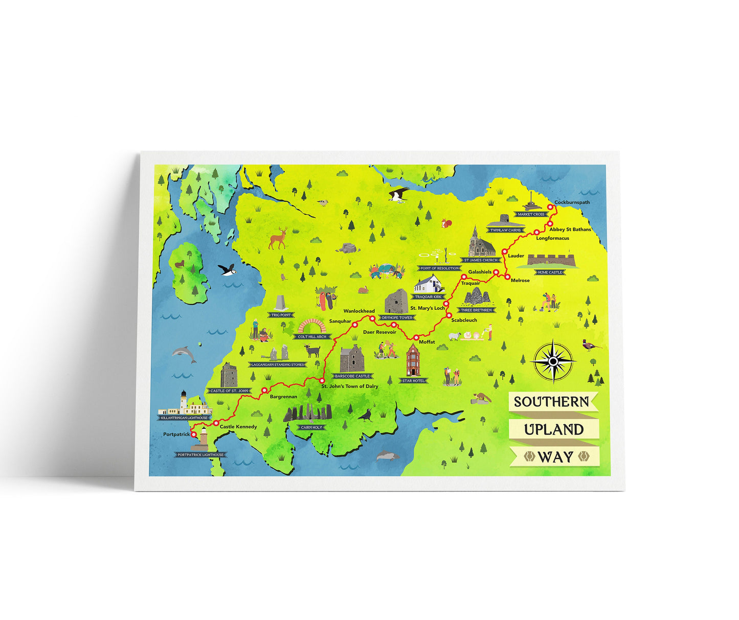 Illustrated Map of the Southern Upland Way - Featuring Stops & Landmarks - A4, A3, A2, A1 - Portpatrick - Traquair - Melrose - Cockburnspath