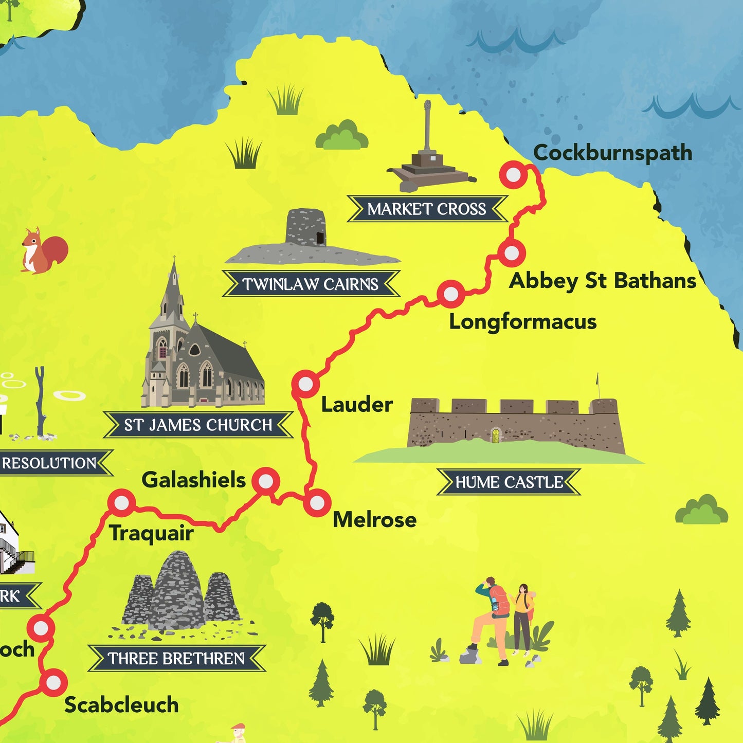 Illustrated Map of the Southern Upland Way - Featuring Stops & Landmarks - A4, A3, A2, A1 - Portpatrick - Traquair - Melrose - Cockburnspath