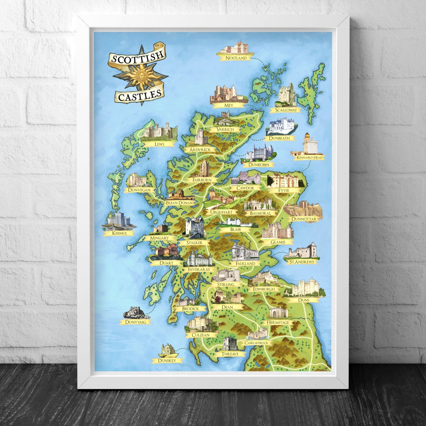 Scottish Castles - Illustrated Map - Scotland Print Poster - Dunnottar - Edinburgh - Dean - Culzean - Inveraray - Stirling - Glamis - Cawdor
