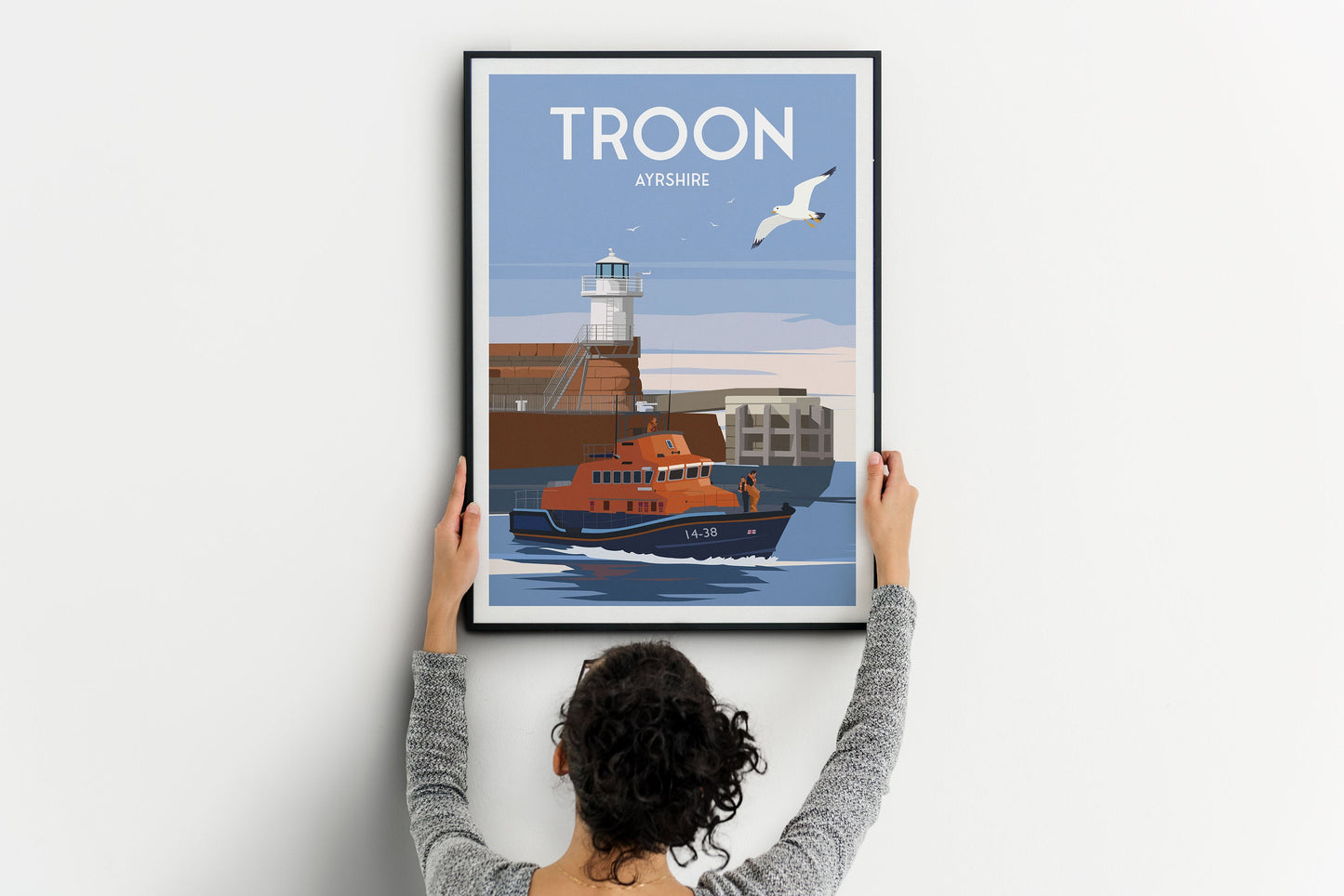 Troon Print - Scotland Travel Poster - Lighthouse - Lifeboat - Ayrshire