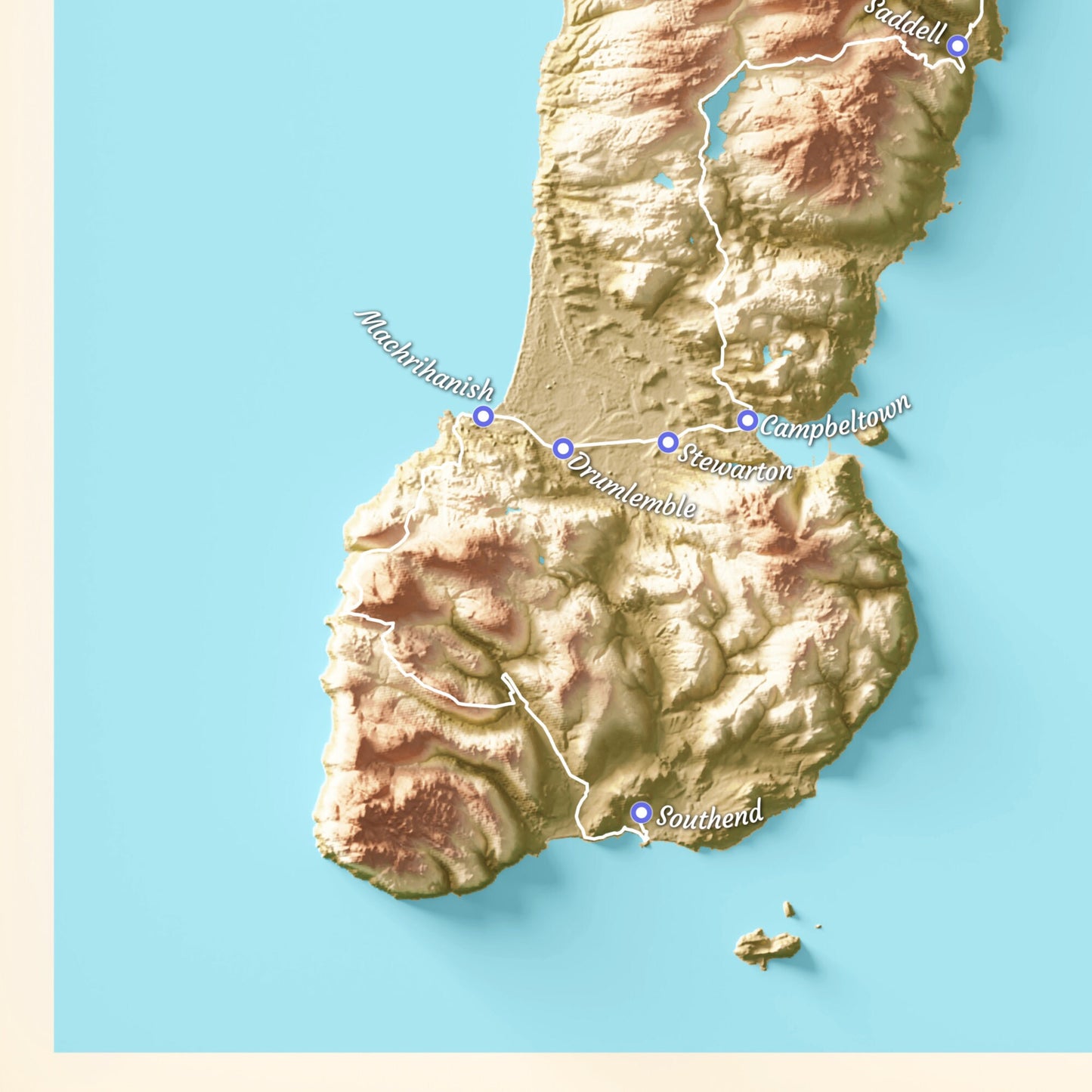 The Kintyre Way Walking Trail – Topographical Map - Scotland Poster Print - Tarbert - Claonaig - Clachan - Machrihanish
