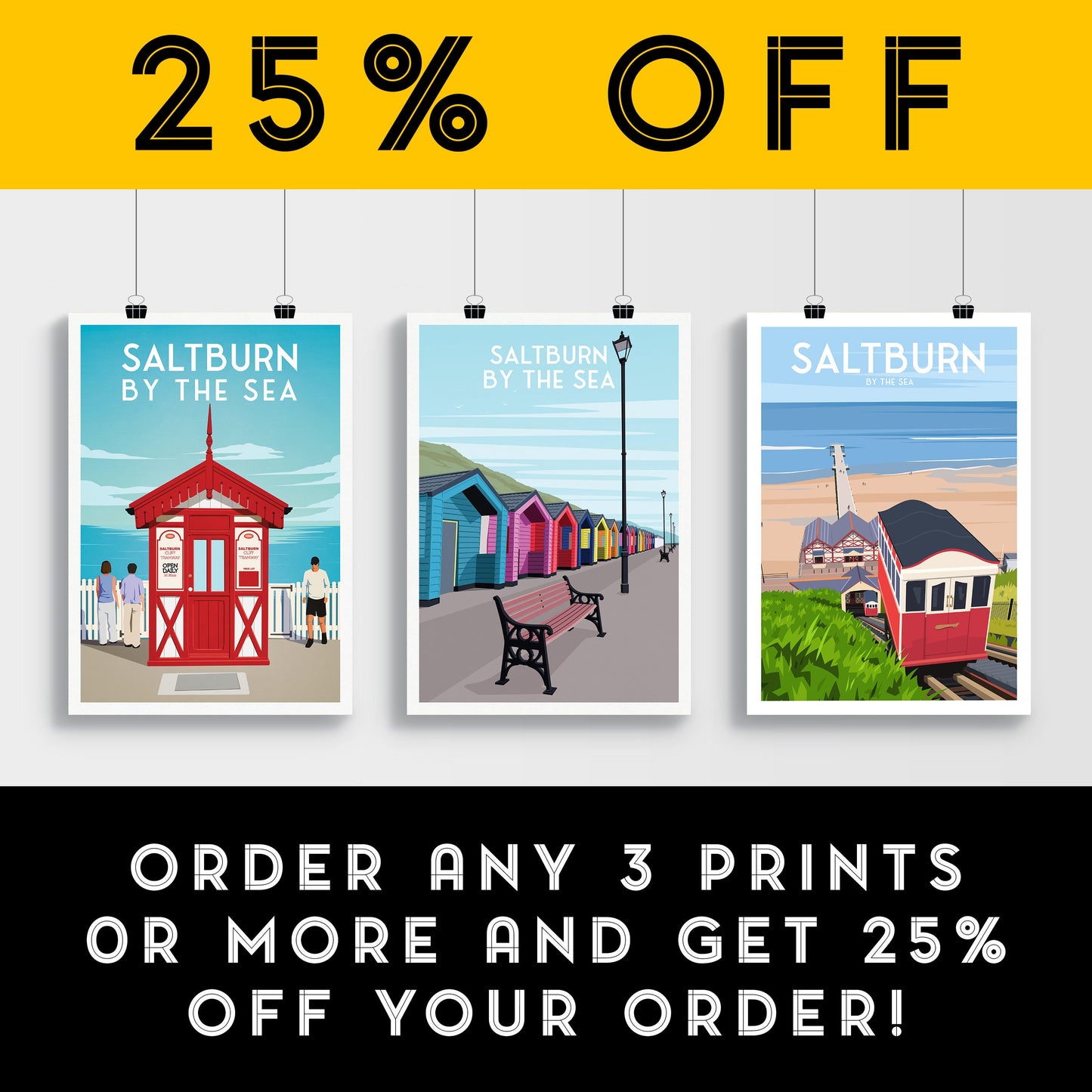 Saltburn By The Sea Print - England Travel Poster - Coloured Huts