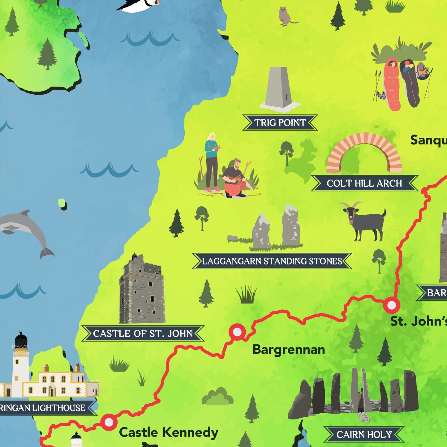 Illustrated Map of the Southern Upland Way - Featuring Stops & Landmarks - A4, A3, A2, A1 - Portpatrick - Traquair - Melrose - Cockburnspath