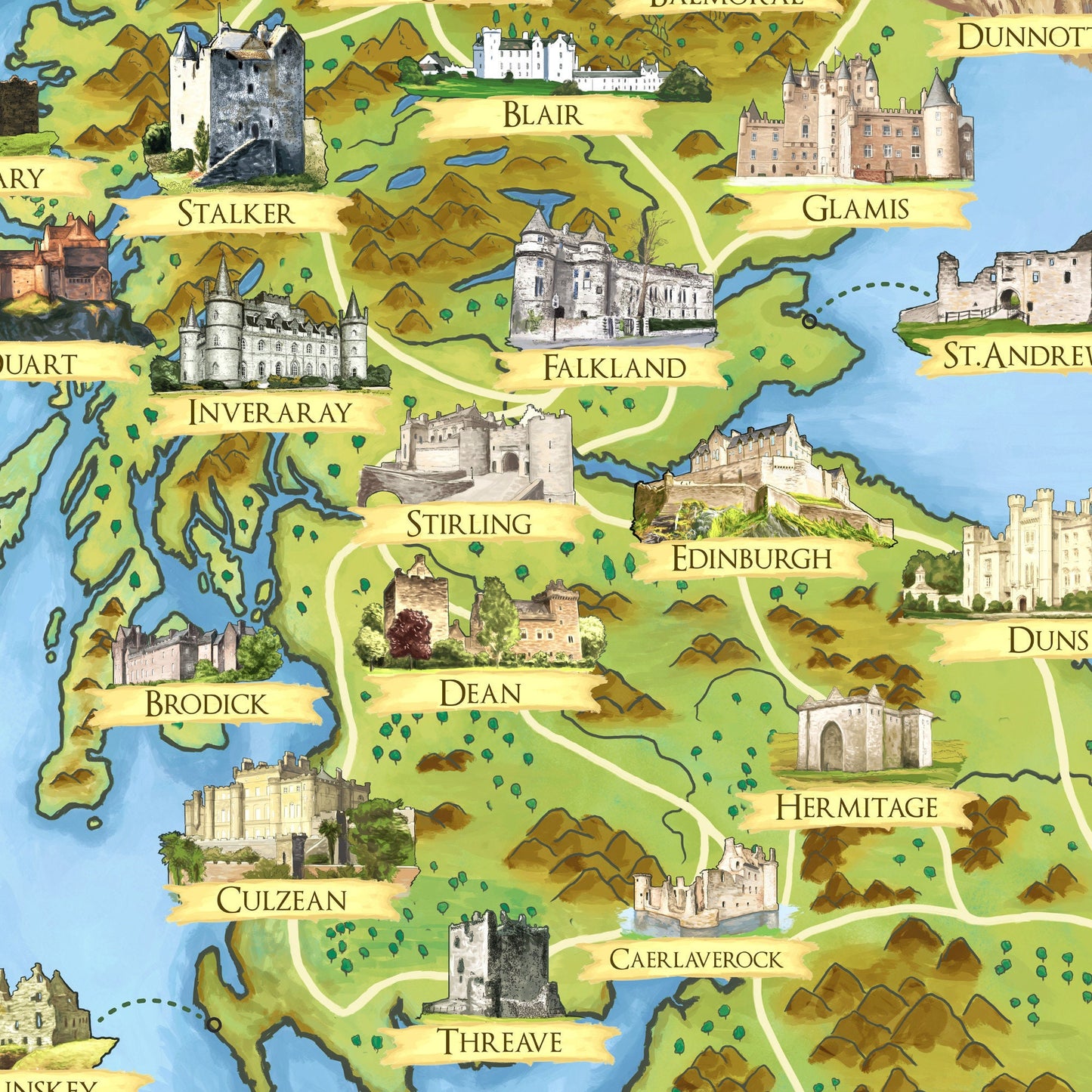 Scottish Castles - Illustrated Map - Scotland Print Poster - Dunnottar - Edinburgh - Dean - Culzean - Inveraray - Stirling - Glamis - Cawdor