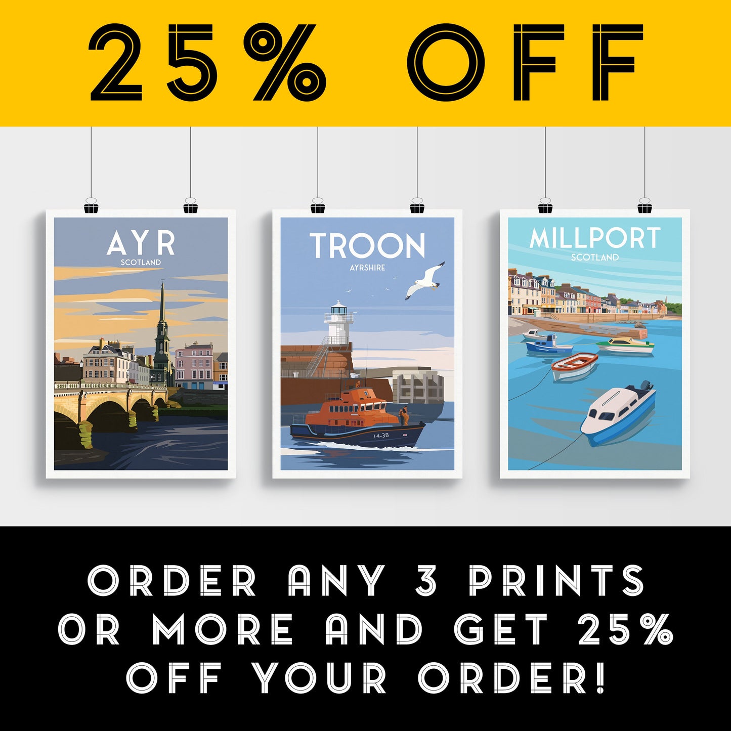 Troon Print - Scotland Travel Poster - Lighthouse - Lifeboat - Ayrshire