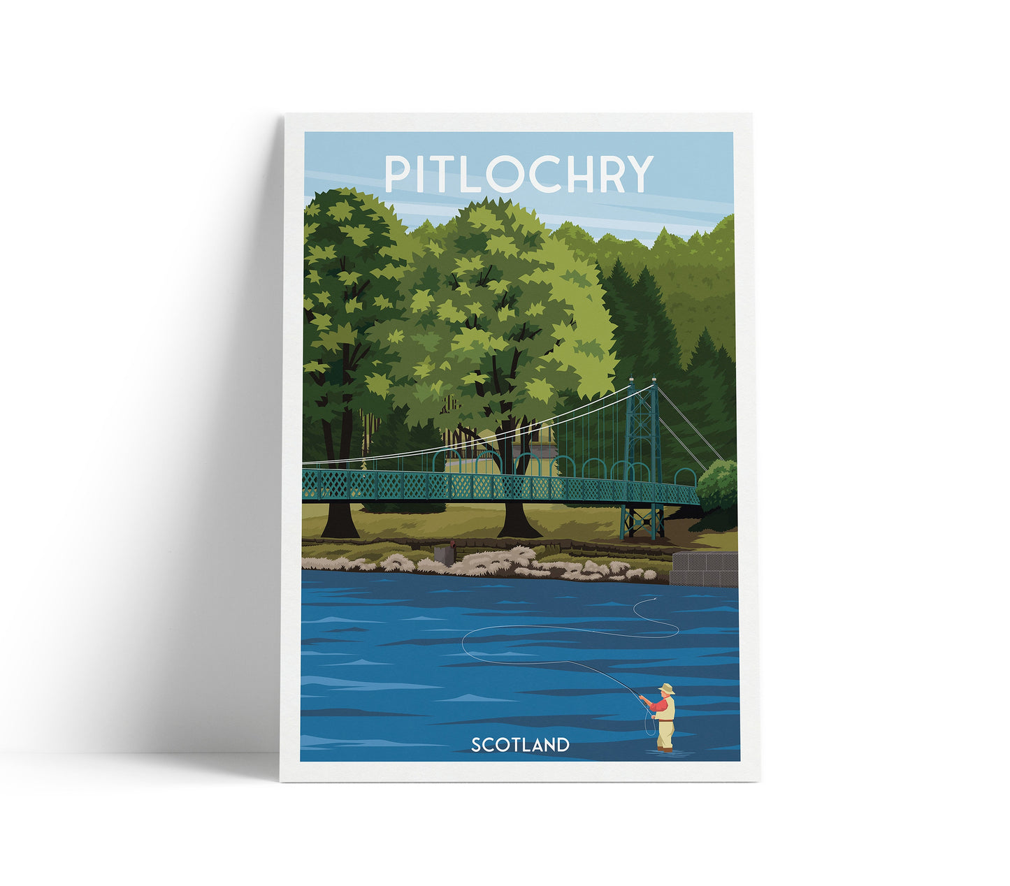 Pitlochry Print - Port-Na-Craig Suspension Bridge, Pitlochry Travel Poster – Fly Fishing Scene on the River Tummel