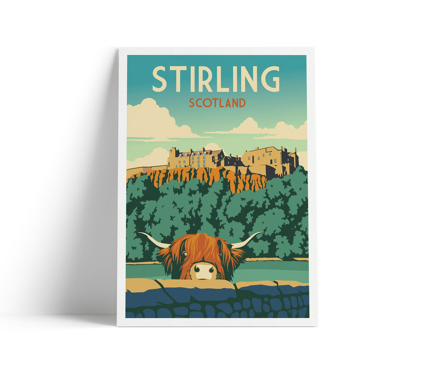 Stirling Castle Travel Poster - Highland Cow - Scotland Print