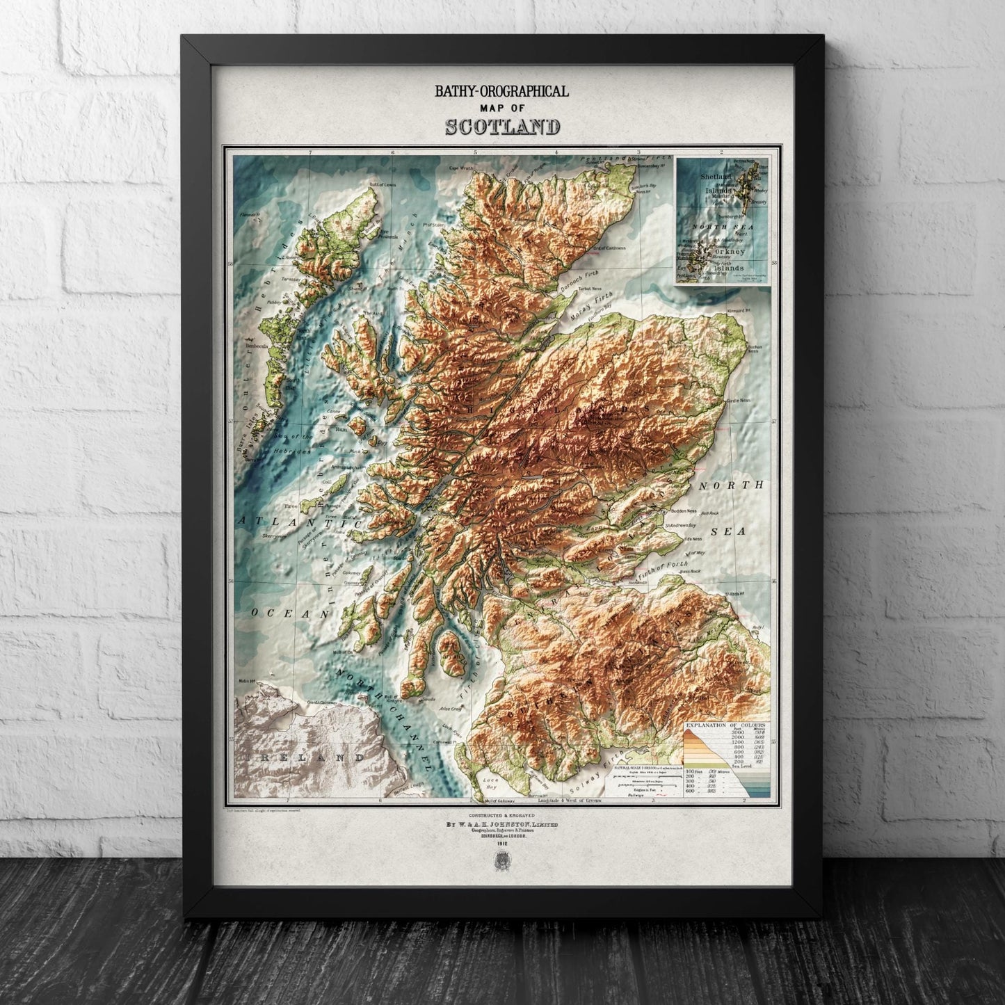 Scotland Bathy-orographical Map - Topographic Print - 1871 - 2D Poster - Geological Map - 1912