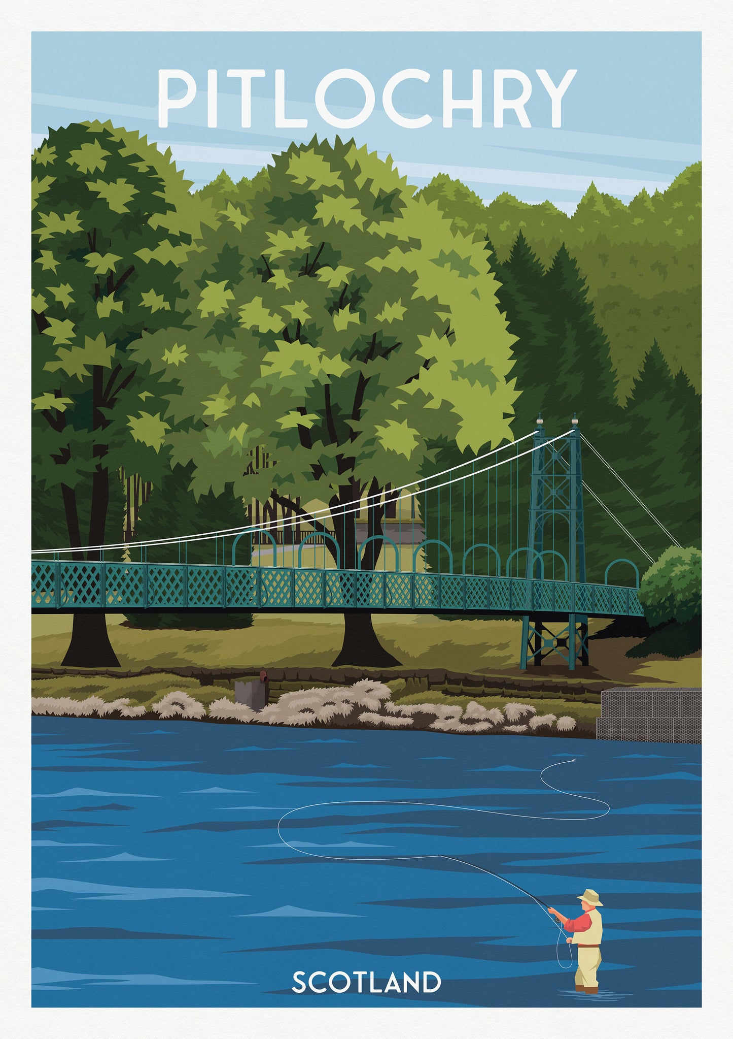 Pitlochry Print - Port-Na-Craig Suspension Bridge, Pitlochry Travel Poster – Fly Fishing Scene on the River Tummel
