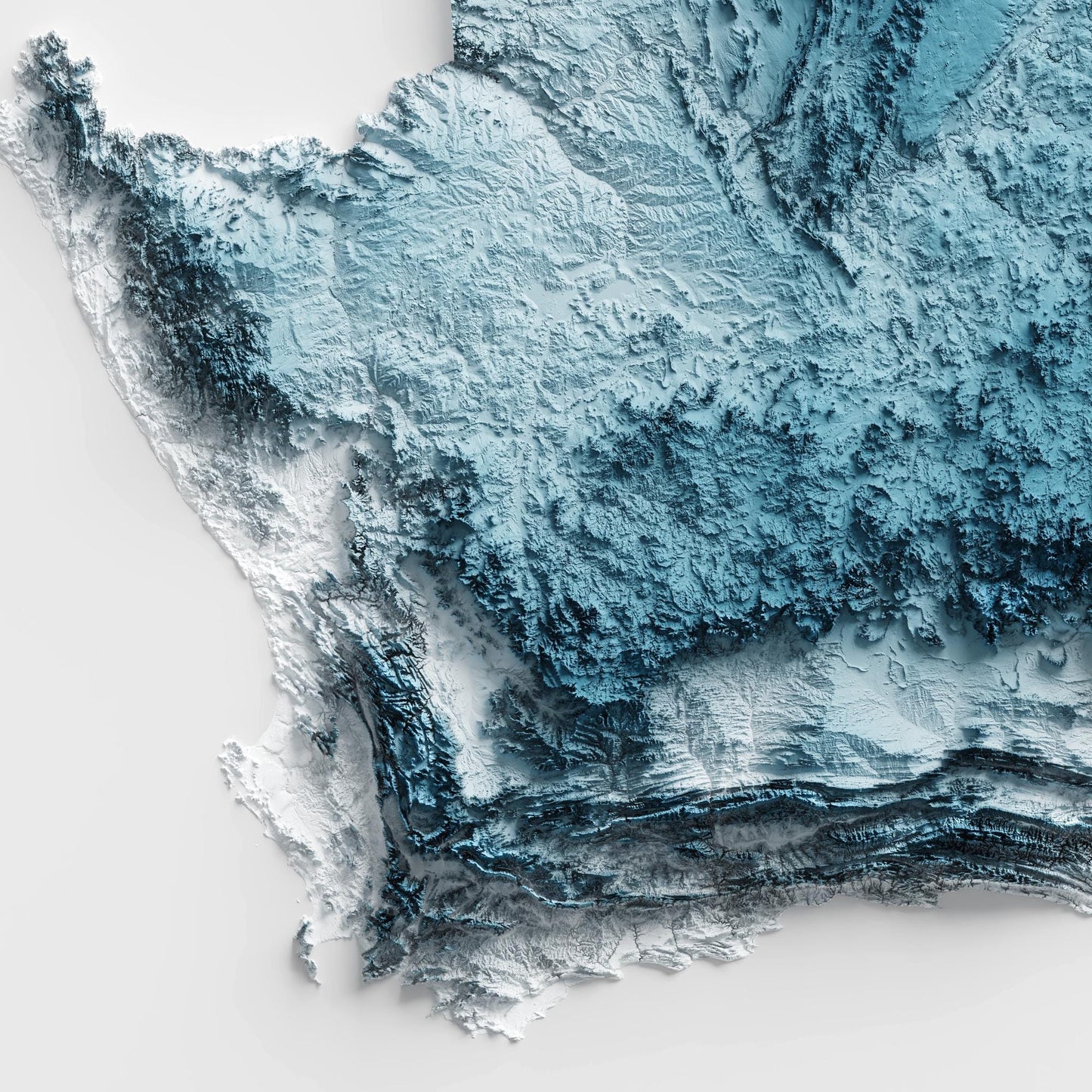 South Africa Art Relief Map - 2D Blue and White Print - African Geology - 2D Shaded Map