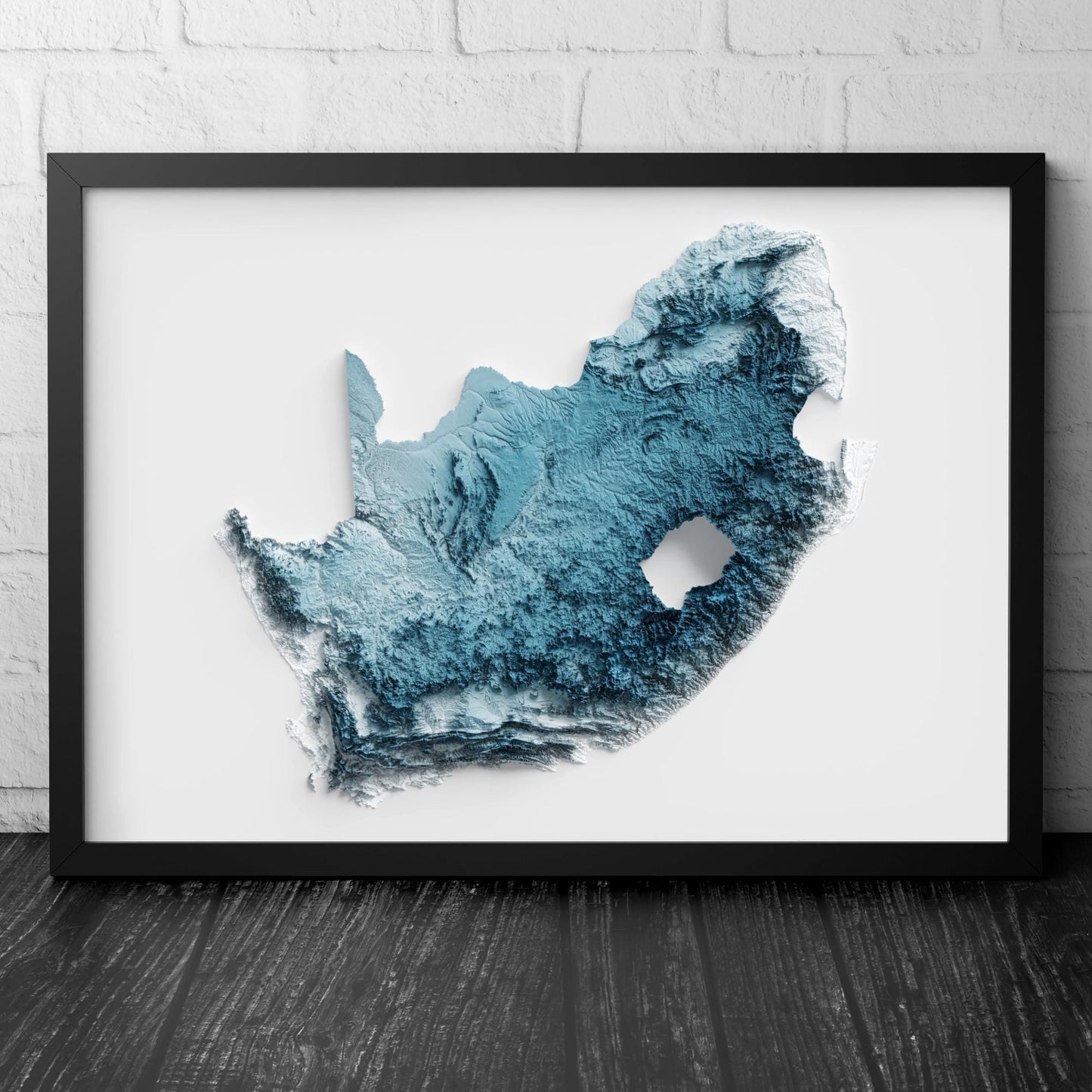 South Africa Art Relief Map - 2D Blue and White Print - African Geology - 2D Shaded Map