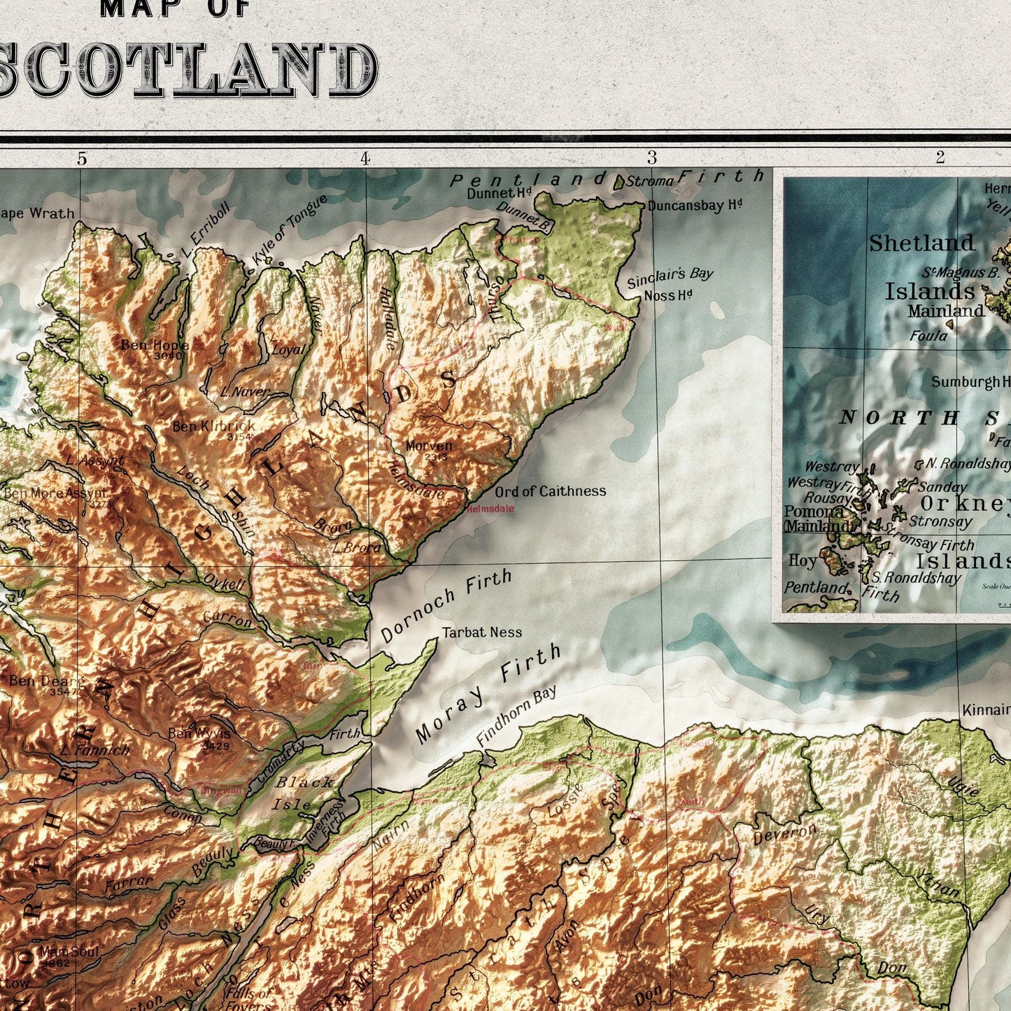 Scotland Bathy-orographical Map - Topographic Print - 1871 - 2D Poster - Geological Map - 1912
