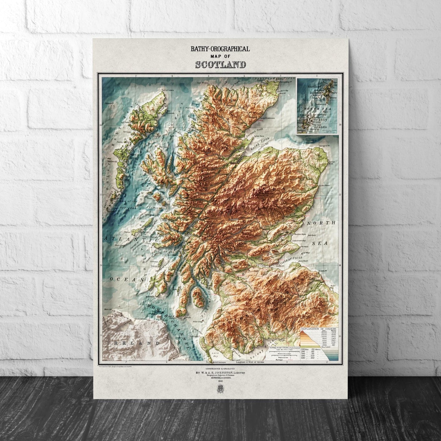 Scotland Bathy-orographical Map - Topographic Print - 1871 - 2D Poster - Geological Map - 1912