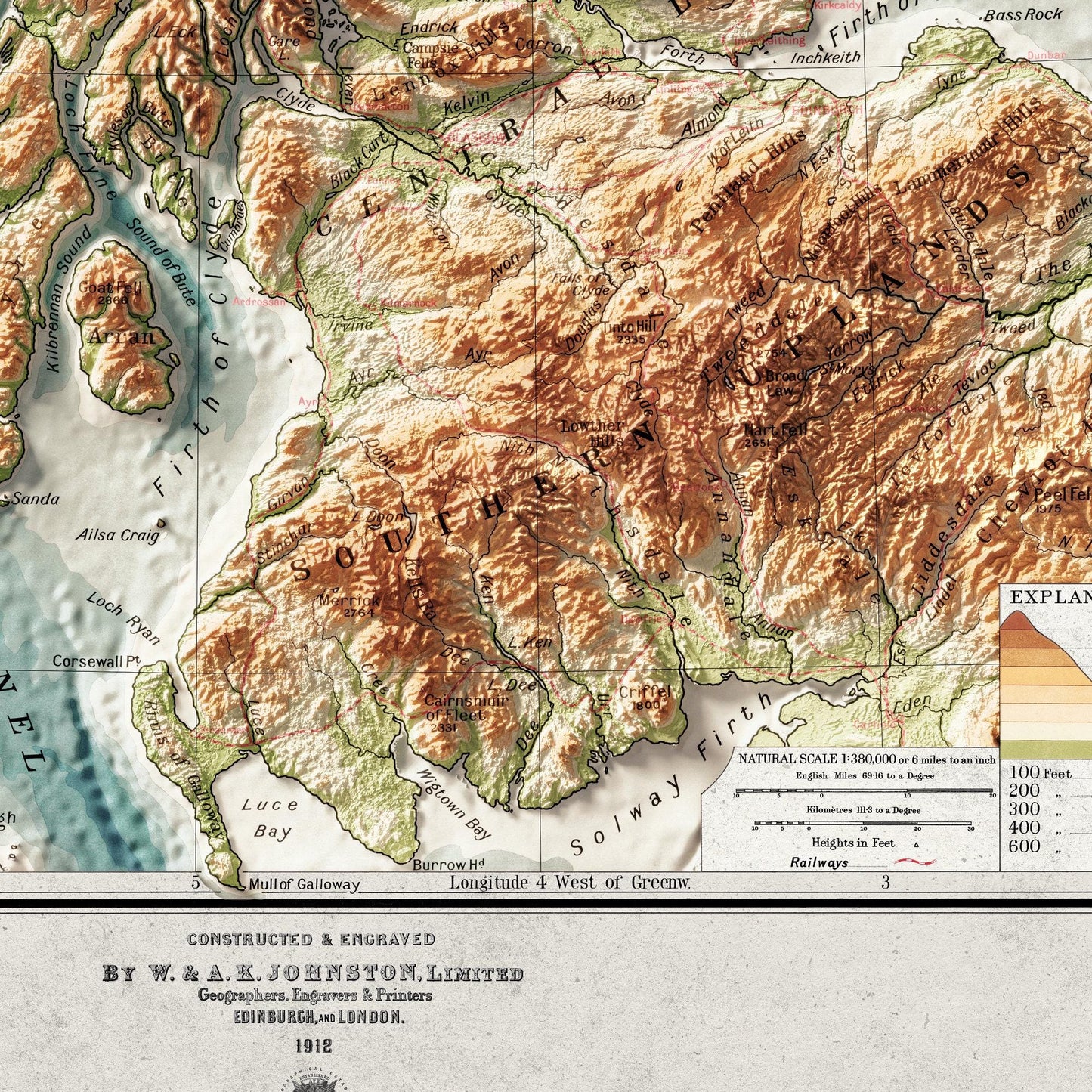 Scotland Bathy-orographical Map - Topographic Print - 1871 - 2D Poster - Geological Map - 1912