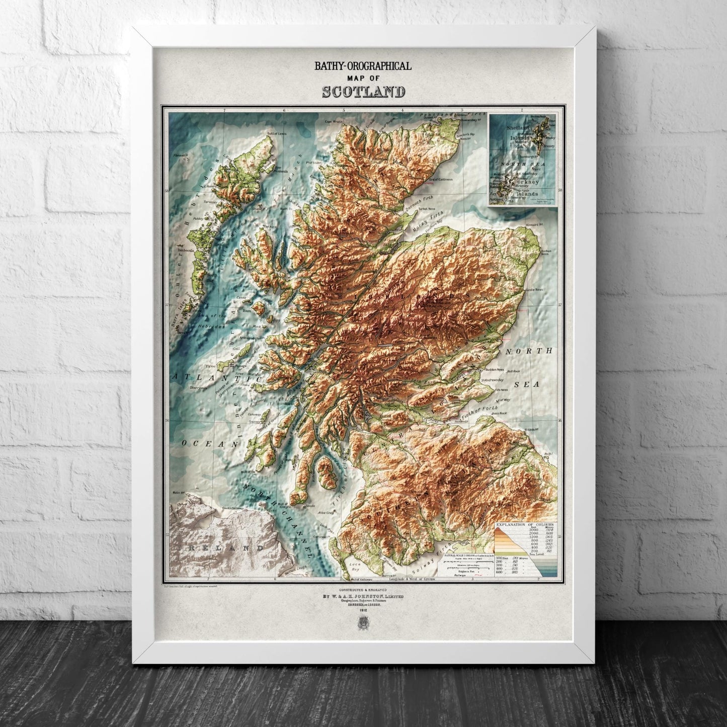 Scotland Bathy-orographical Map - Topographic Print - 1871 - 2D Poster - Geological Map - 1912