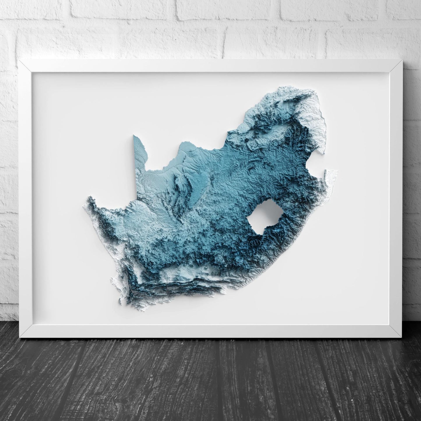 South Africa Art Relief Map - 2D Blue and White Print - African Geology - 2D Shaded Map