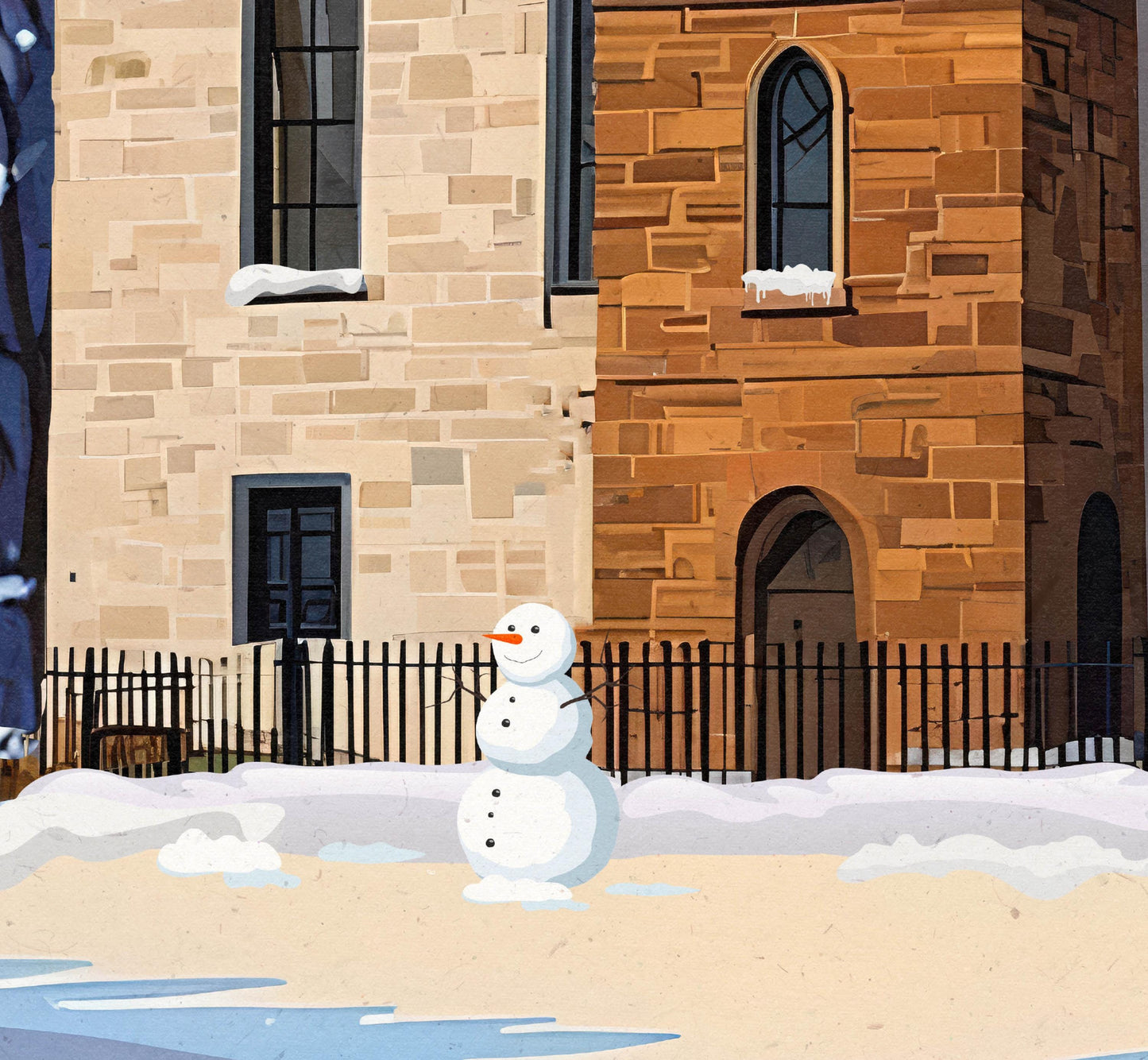 Strathaven Travel Poster – Old Church - Starry Winter's Evening - Fox - Snowman