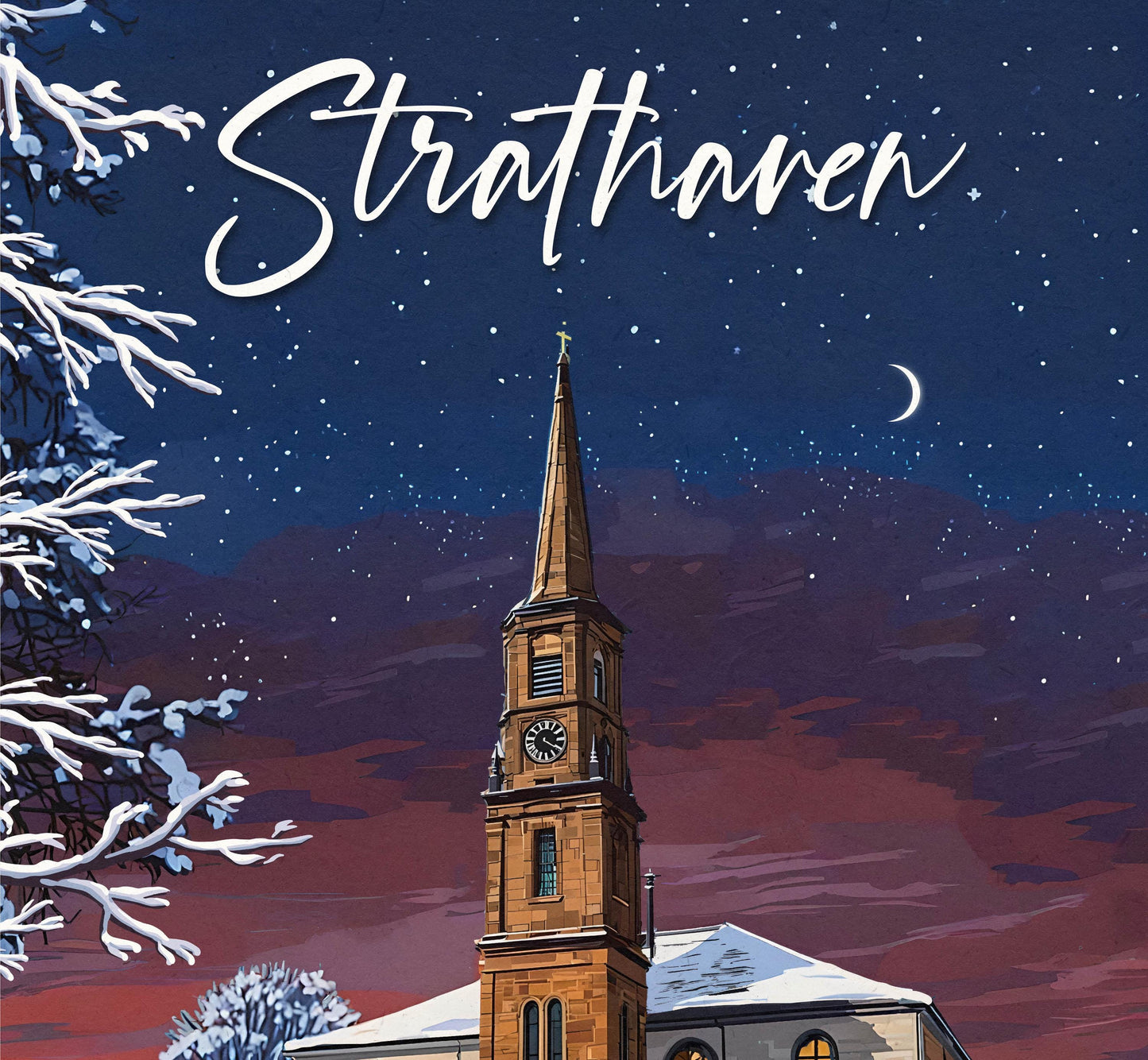 Strathaven Travel Poster – Old Church - Starry Winter's Evening - Fox - Snowman